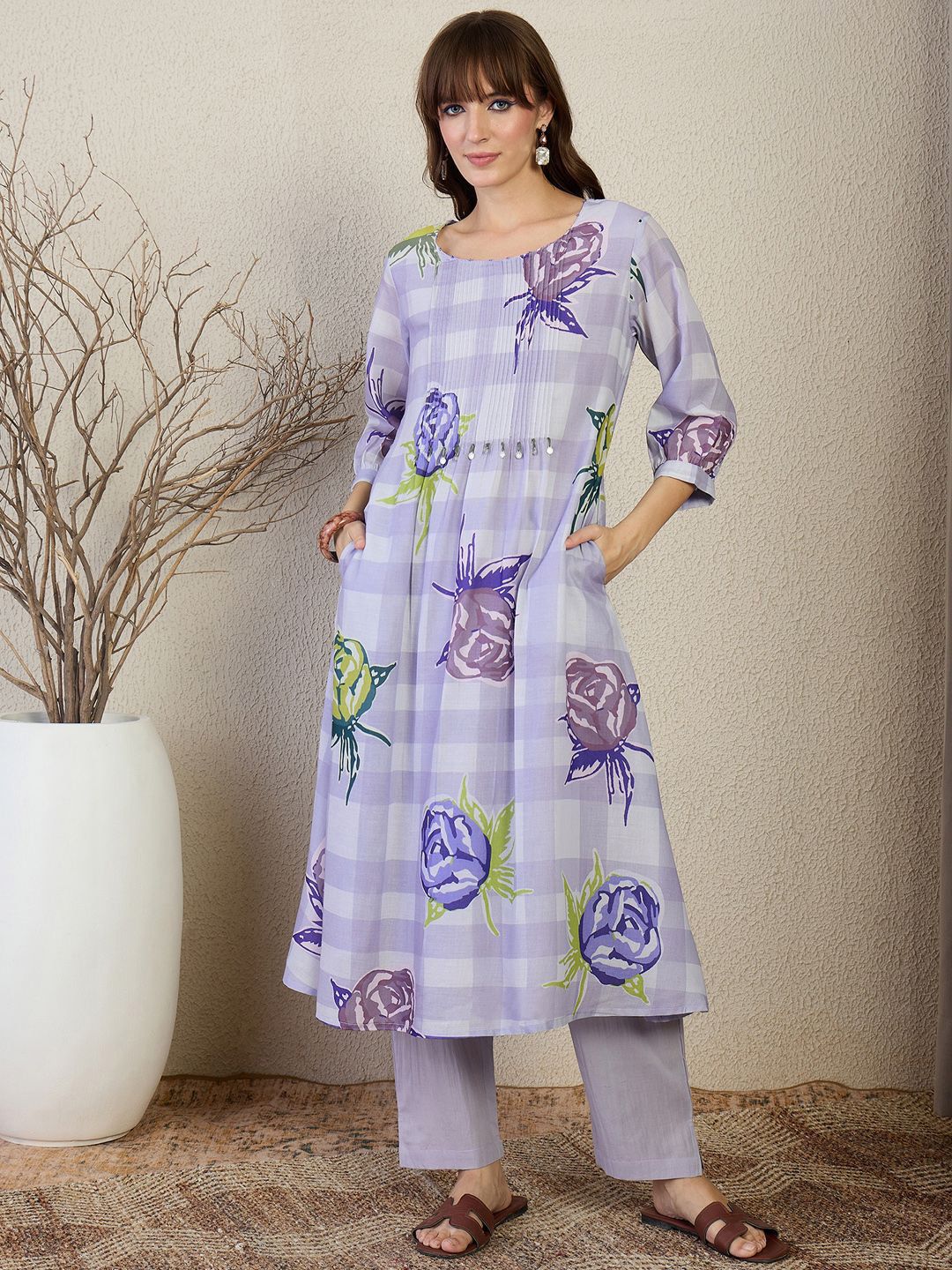Dhiyona IE Floral Printed Pure Cotton A-Line Kurta With Trouser