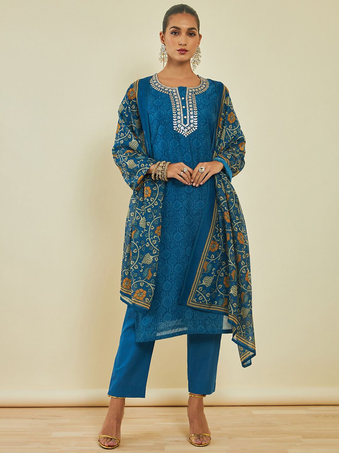 Dhiyona SO Women's Ethnic Motifs Printed Gotta Patti Chanderi Silk Kurta with Trousers & With Dupatta