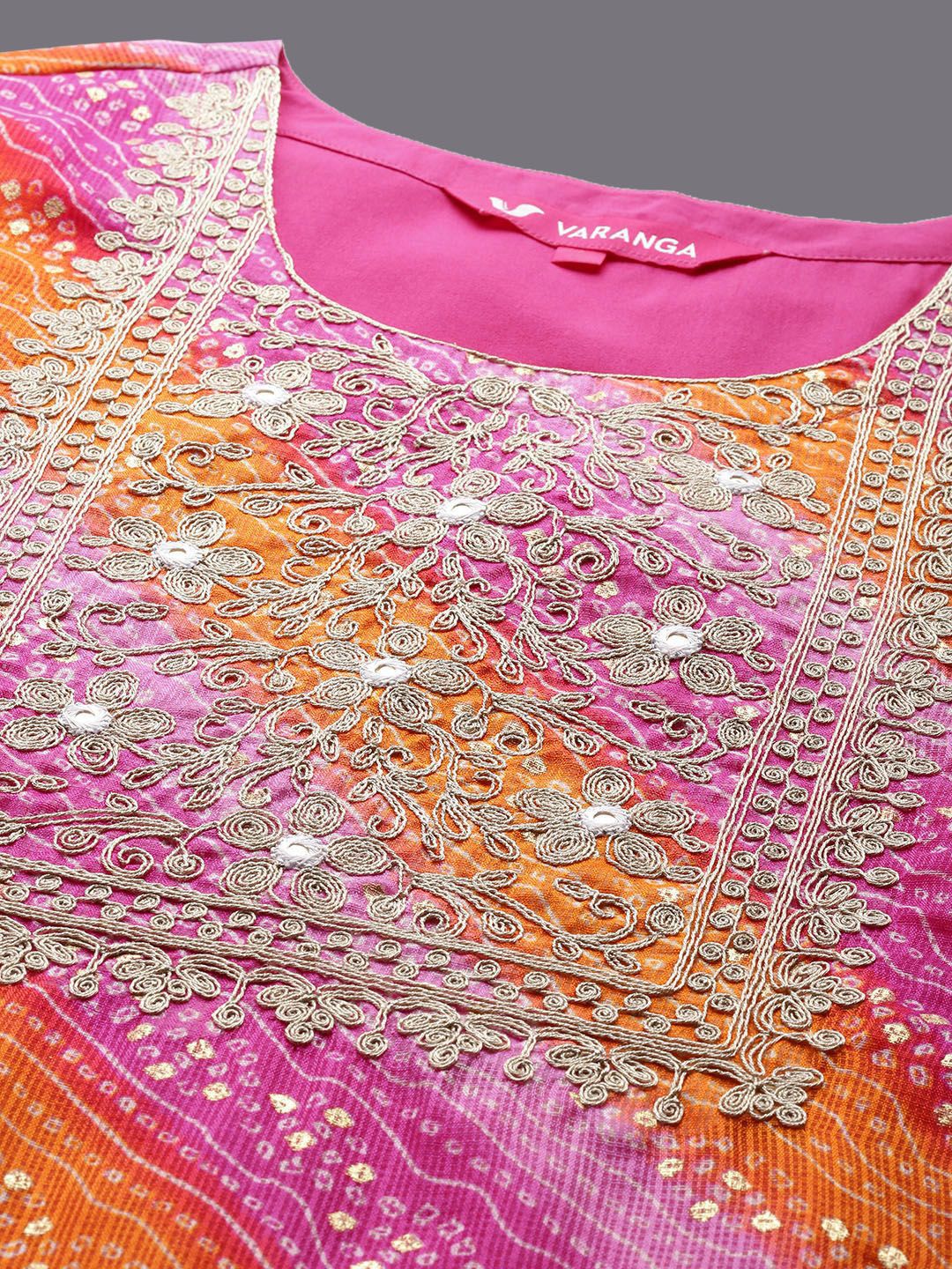Dhiyona VA Women'sBandhani Printed Thread Work Straight Kurta With Trousers & Dupatta