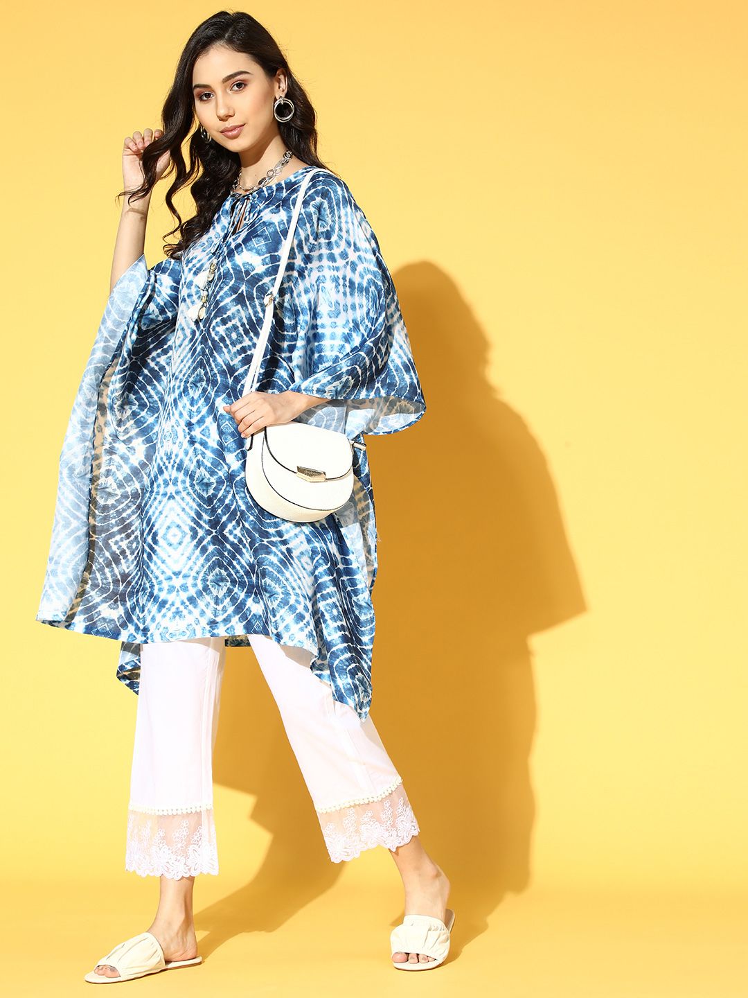 Dhiyona VA Women's Stunning Blue Printed Kaftan with Solid Trousers