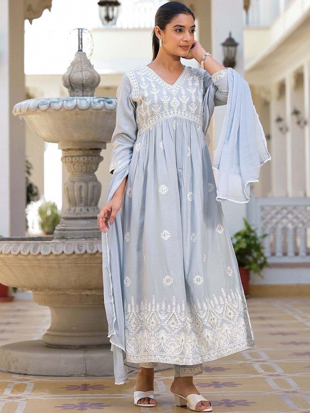 Dhiyona VA Women'sEthnic Motifs Embroidered Empire Anarkali Kurta with Trouser & Dupatta