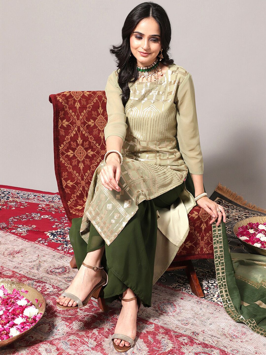 Dhiyona VA Women's Geometric Embroidered Regular Sequinned Kurta With Trousers & Dupatta