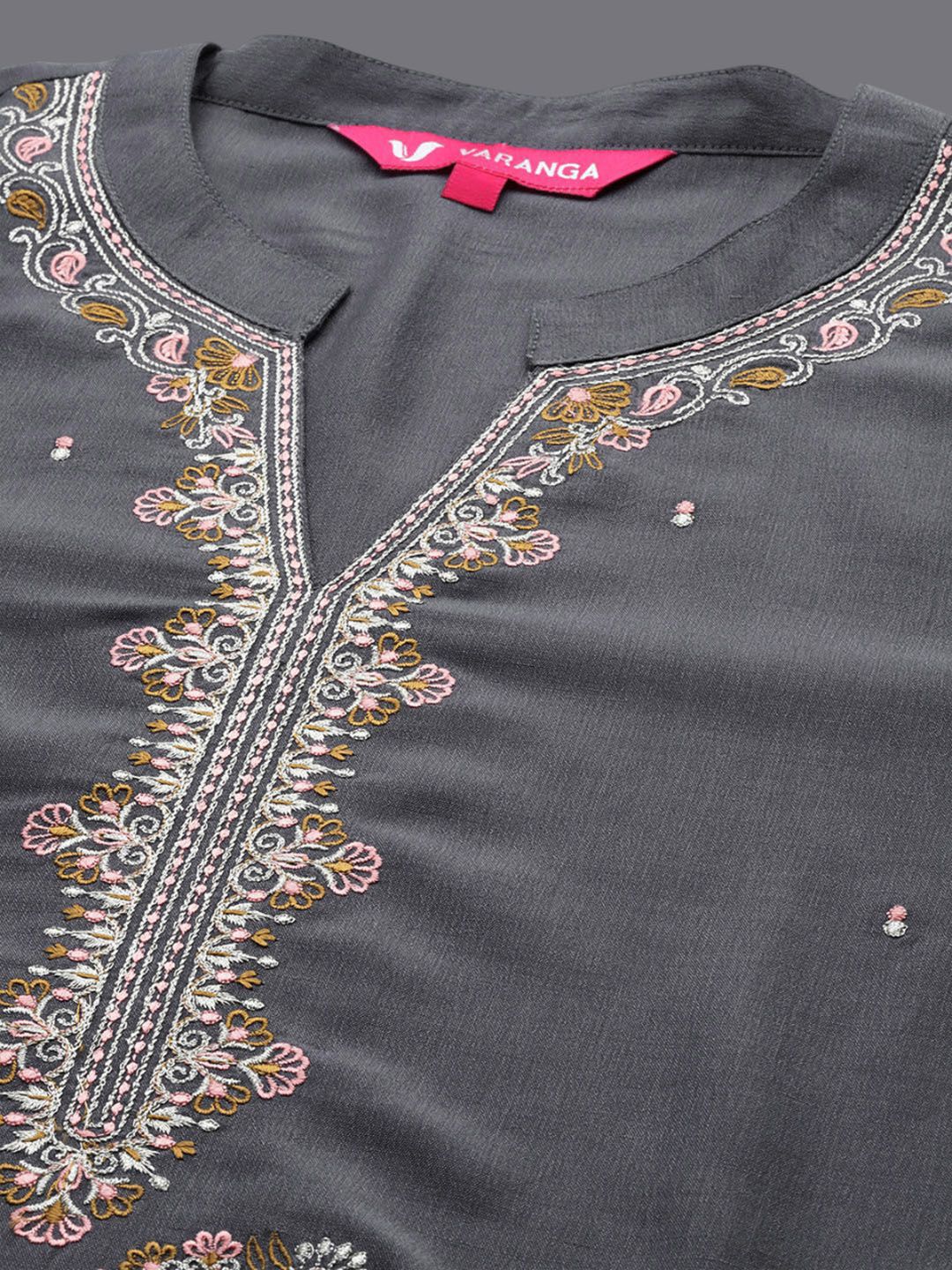 Dhiyona VA Women'sFloral Embroidered Mandarin Collar Straight Kurta with Trousers & Dupatta