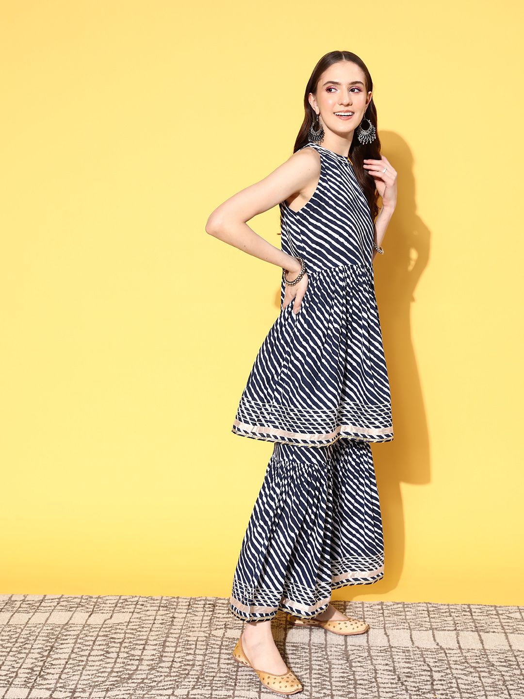 Dhiyona VA Women's Leheriya Printed Mirror Work Kurta with Sharara & With Dupatta