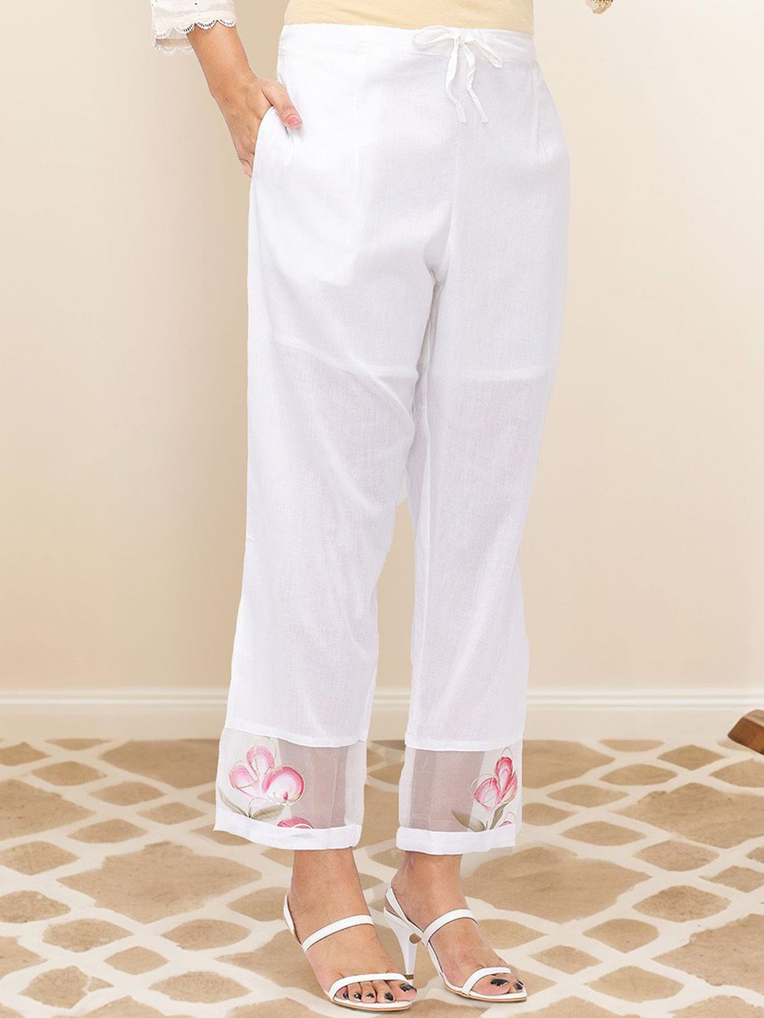 Dhiyona IS Women's Floral Printed Tie Up Neck Straight Kurta With Trousers & Dupatta