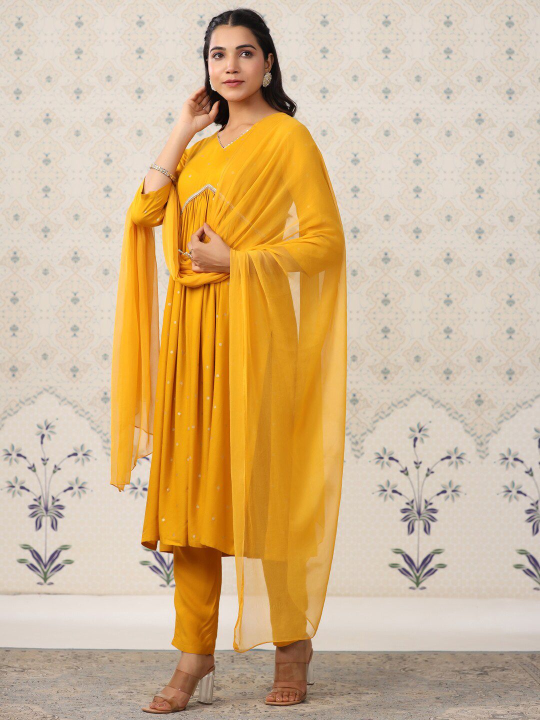 Dhiyona OD Geometric Printed Pleated Kurta & Trousers With Dupatta