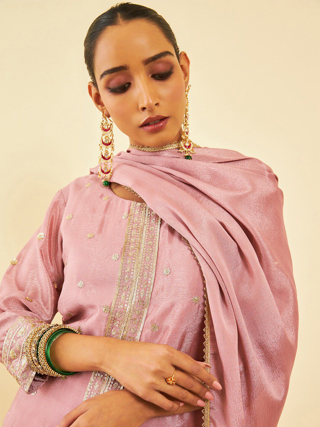 Dhiyona SO Women's Alina Cut Pink Ethnic Motifs Embroidered Regular Sequinned Kurta With Palazzos & Dupatta