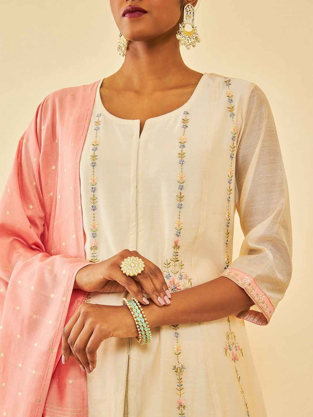 Dhiyona SO Women's Alina Cut Cream Ethnic Motifs Embroidered Thread Work A-Line Kurta With Trousers & Dupatta