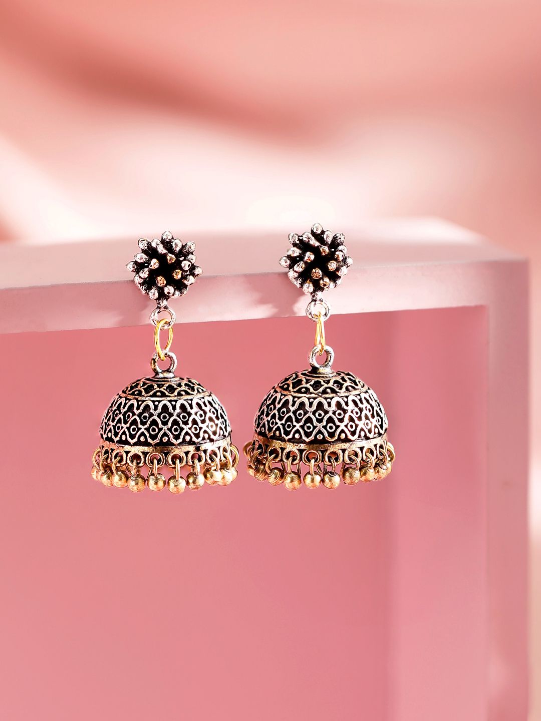 Dhiyona RJ Women's Oxidised Silver-Plated Dual-Tone with Gold Beaded Drops Jhumka Earrings