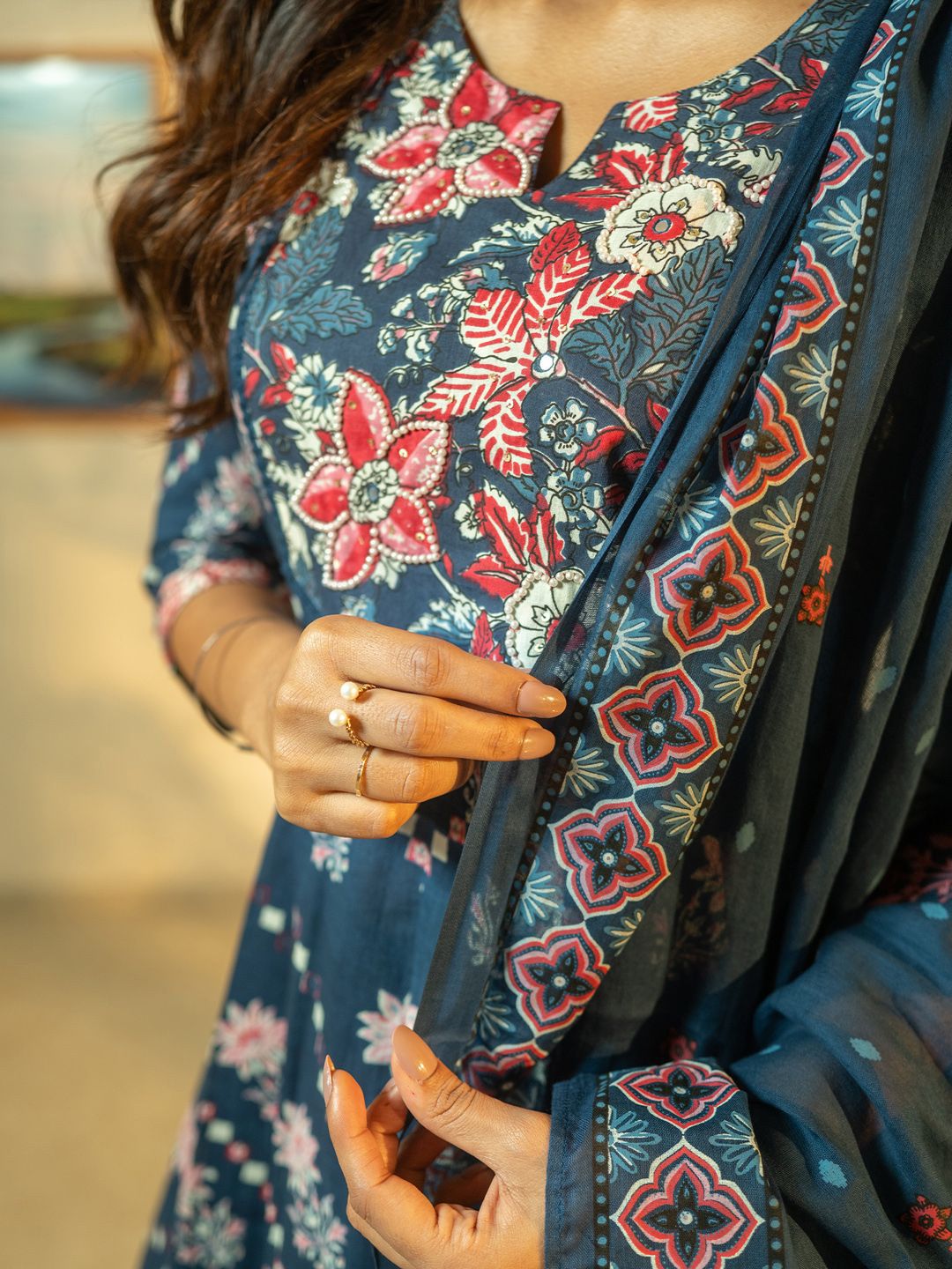 Dhiyona IE Floral Printed Beads & Stones Pure Cotton A-Line Kurta With Trousers & Dupatta
