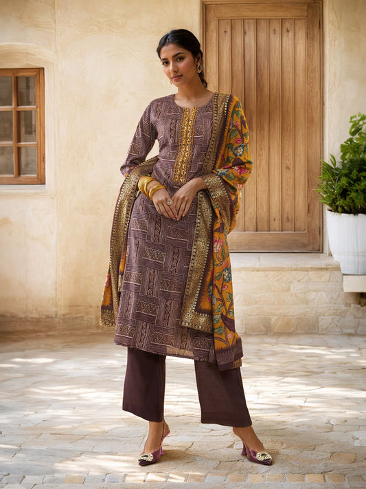 Dhiyona SO Women's Purple Geometric Printed Straight Kurta & Palazzos With Dupatta