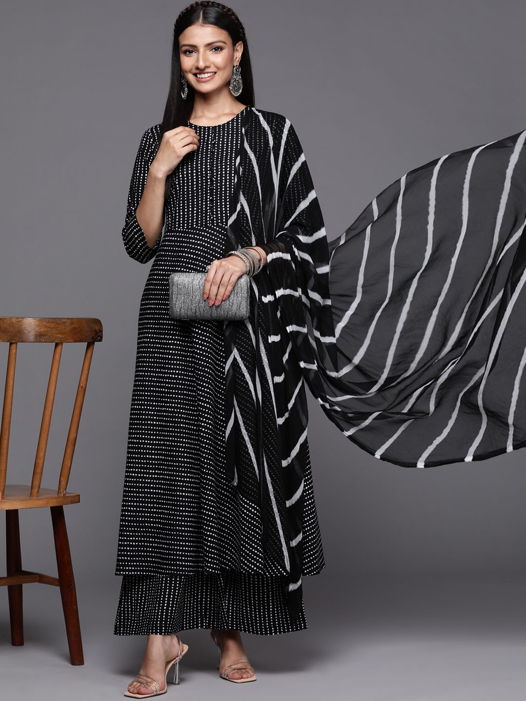 Dhiyona VA Women's Black Printed Pure Cotton Kurta with Palazzos & Dupatta