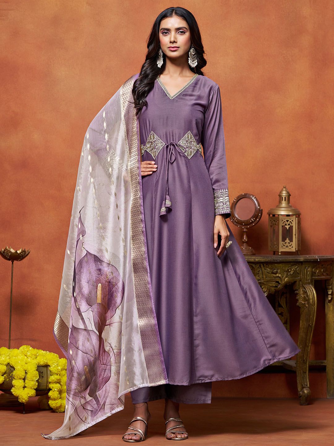 Dhiyona SN Women's Purple Floral Embroidered Cotton Silk Anarkali Kurta With Trousers And Dupatta