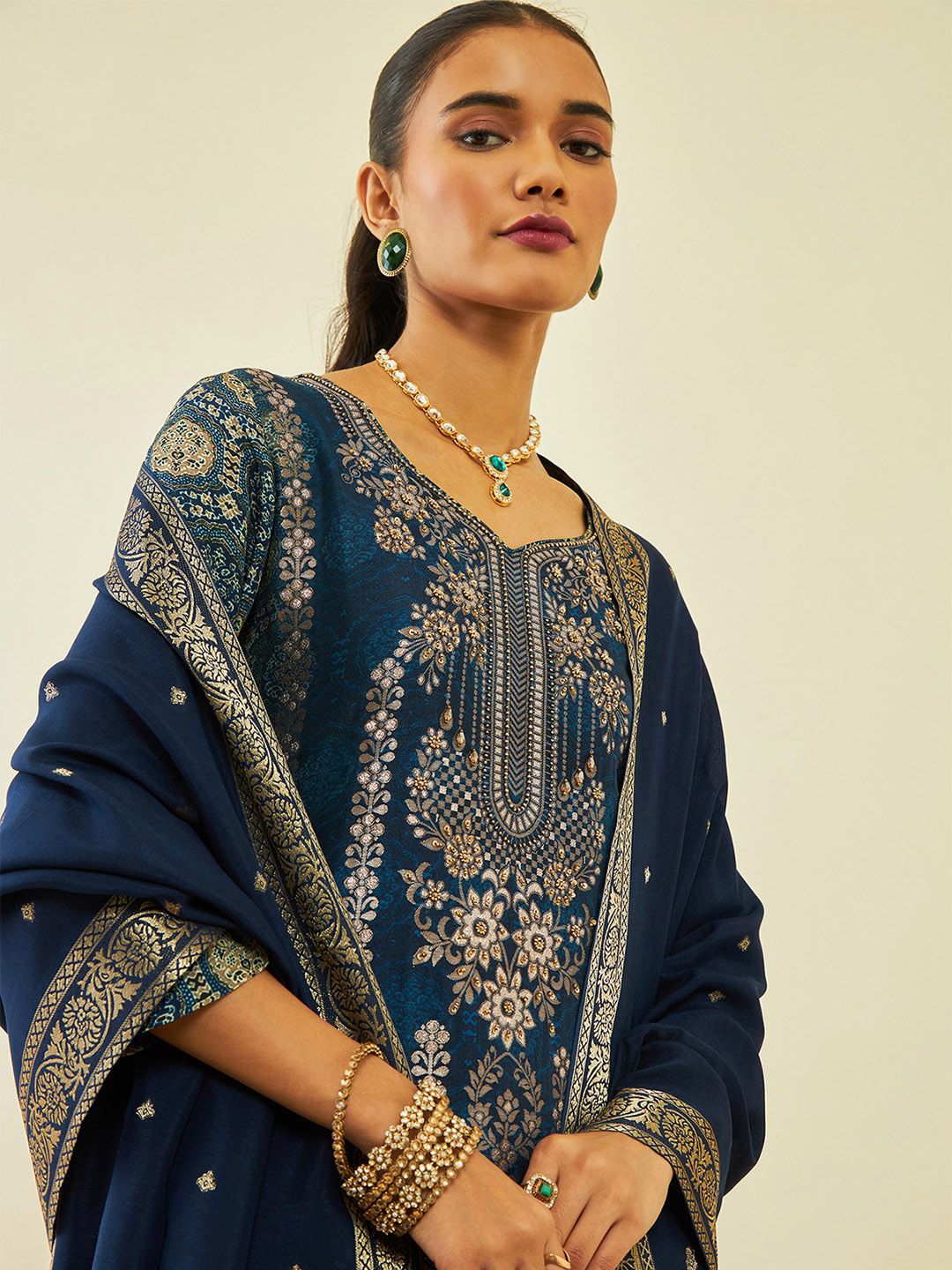 Dhiyona SO Women's Navy Blue Floral Printed Regular Beads and Stones Kurta with Trousers & Dupatta