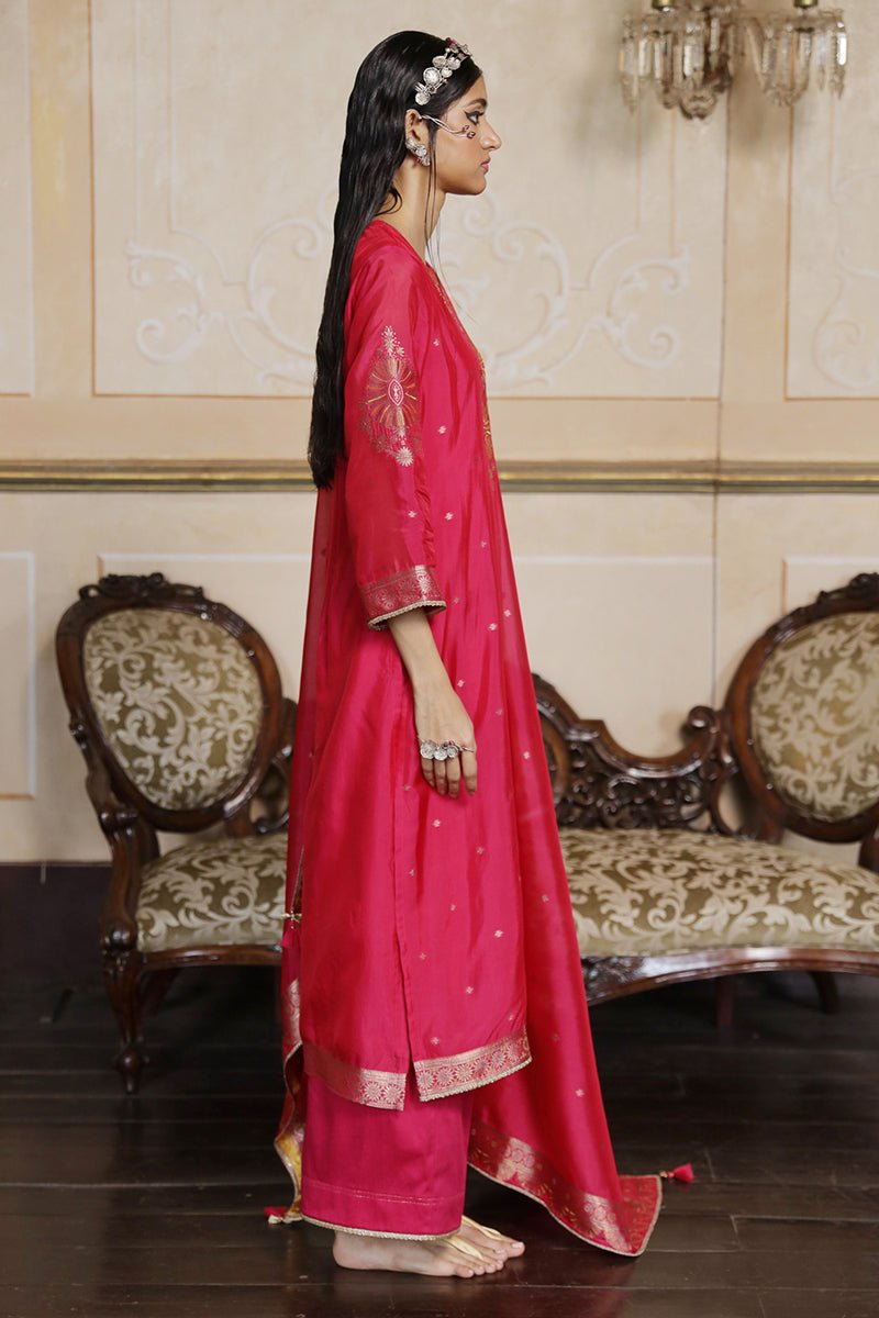 Women's Fuchsia Pink Woven Silk Salwar Suit