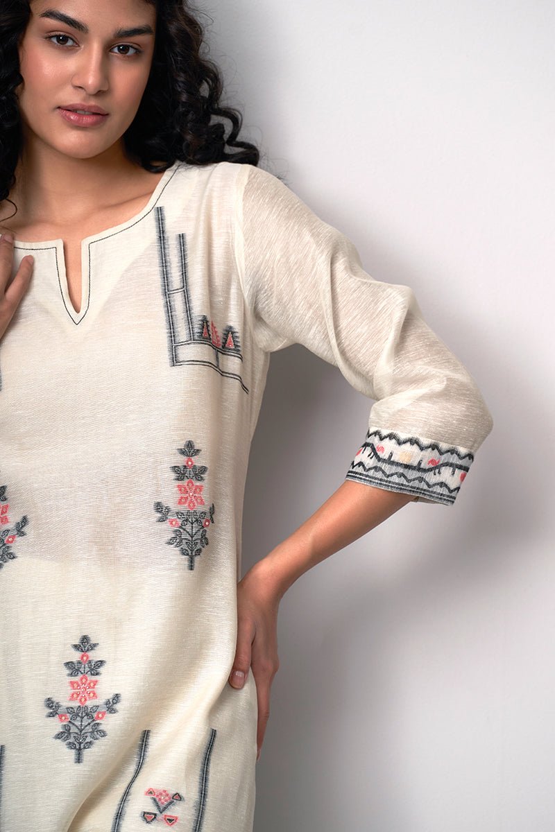 Women's Cream Woven Cotton Linen Kurta With Cotton Bottom