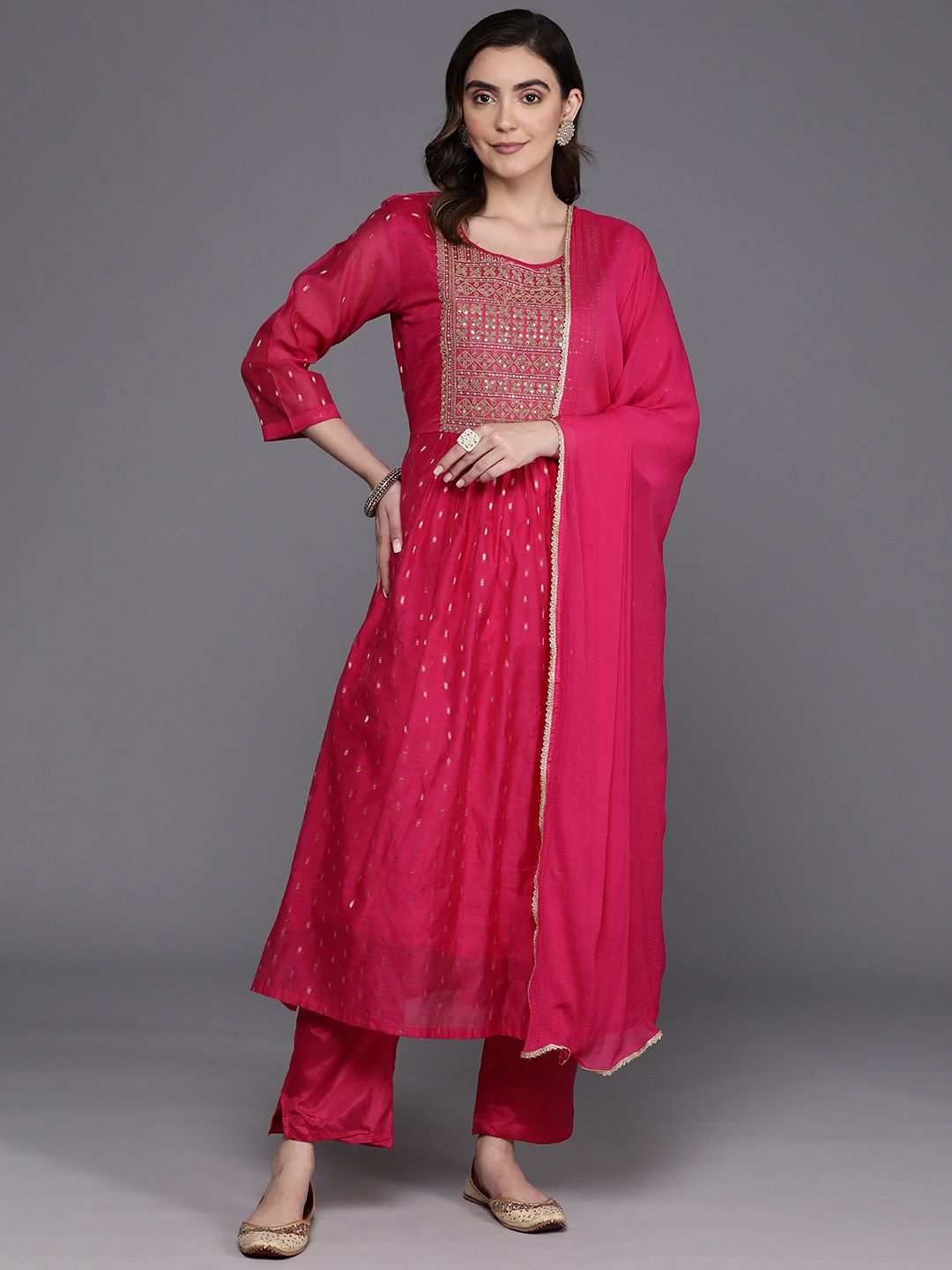 Dhiyona IE Embroidered Empire Sequinned Chanderi Silk Kurta with Trousers & Dupatta