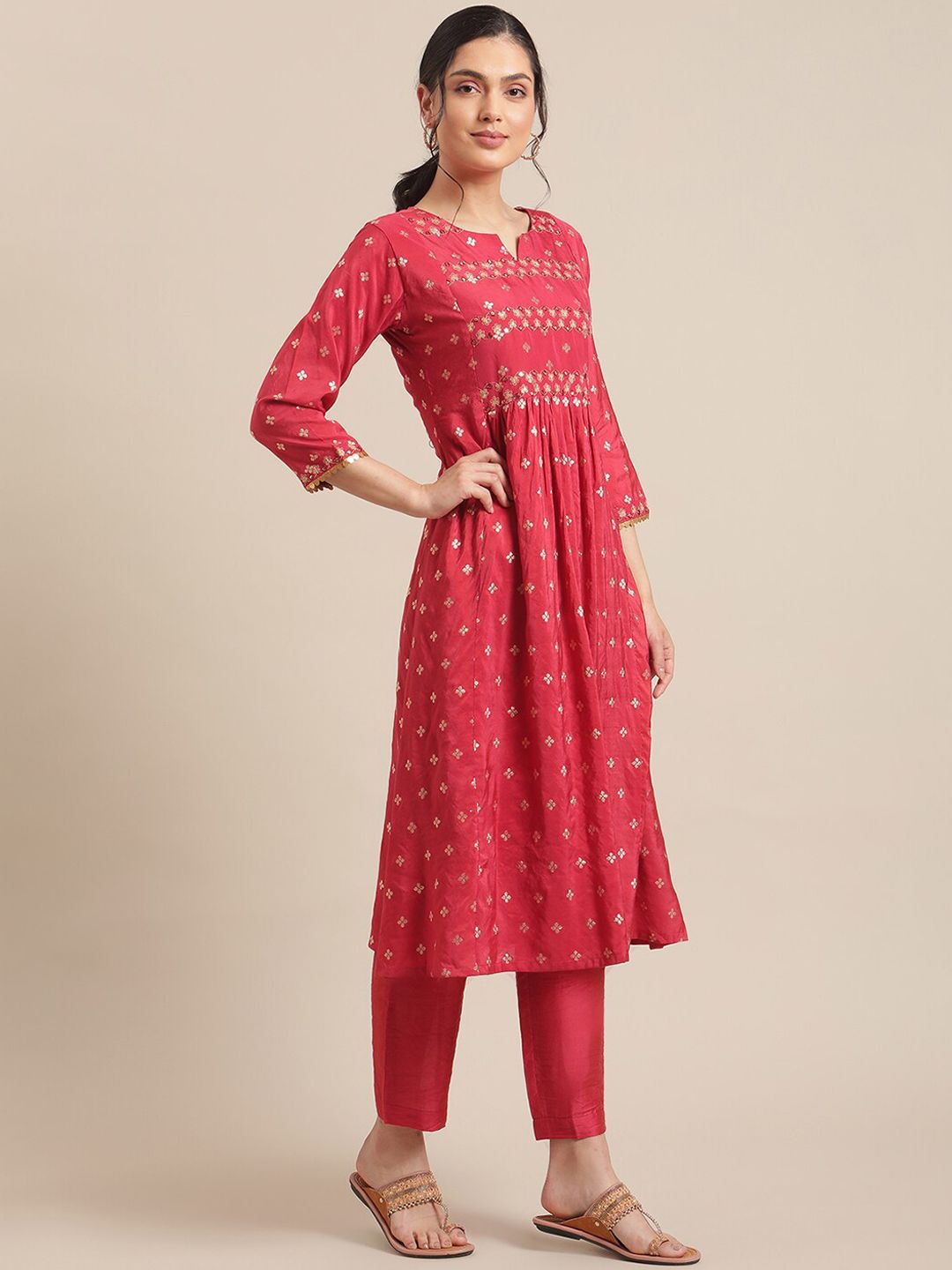 Dhiyona VA Women's Red & Gold-Toned Floral Embroidered Mirror Work Pleated Kurta With Trousers