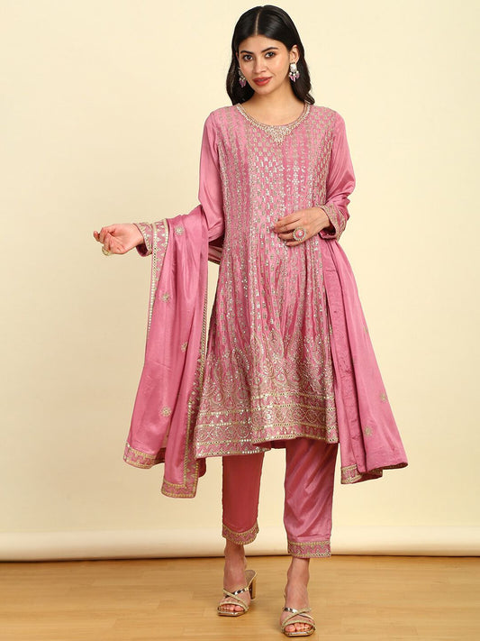 Dhiyona SO Women's Floral Embroidered Empire Sequinned Kurta with Trousers & Dupatta