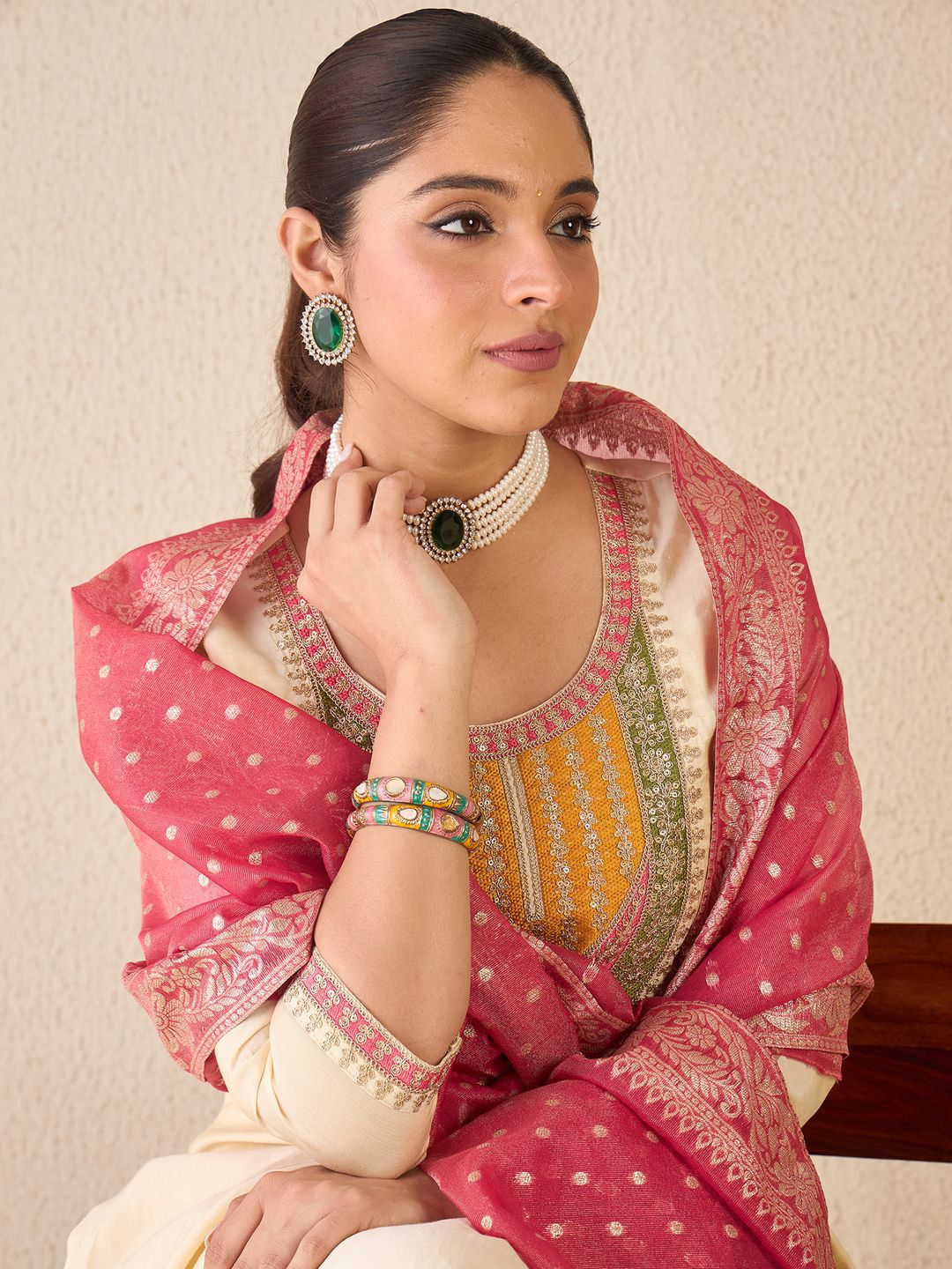 Dhiyona IE Women Ethnic Motifs Embroidered Regular Kurta with Trousers & With Dupatta