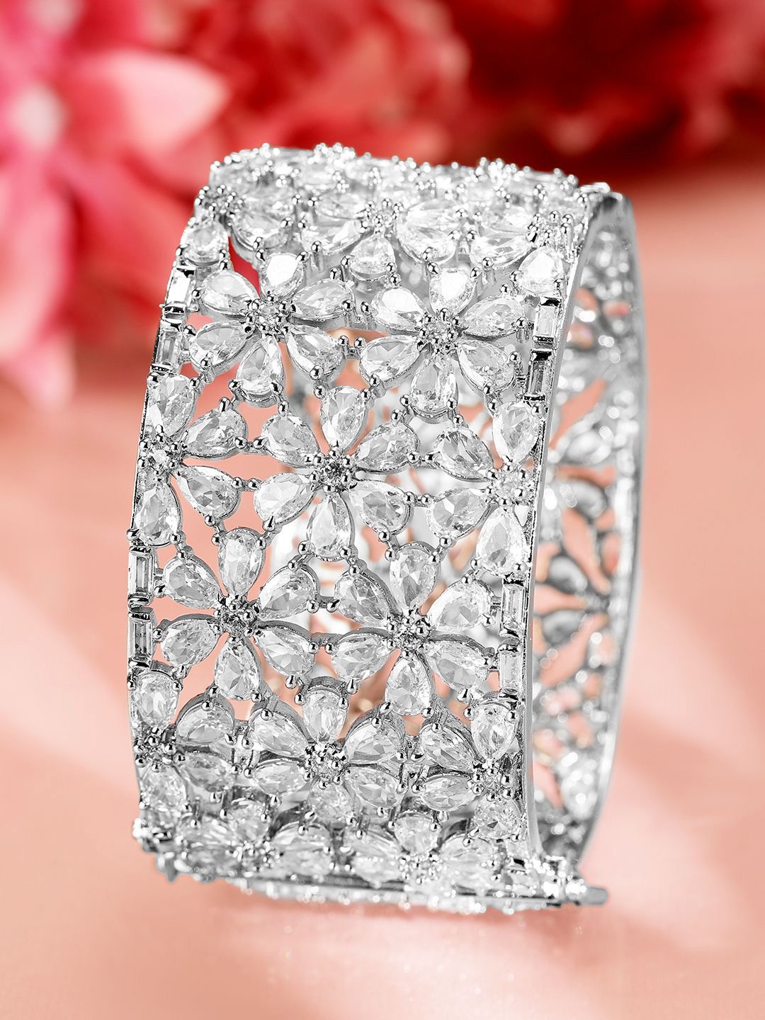 Dhiyona RJ Women's Rhodium-Plated AAA Cubic Zirconia Studded Handcrafted Openable Premium Bracelet