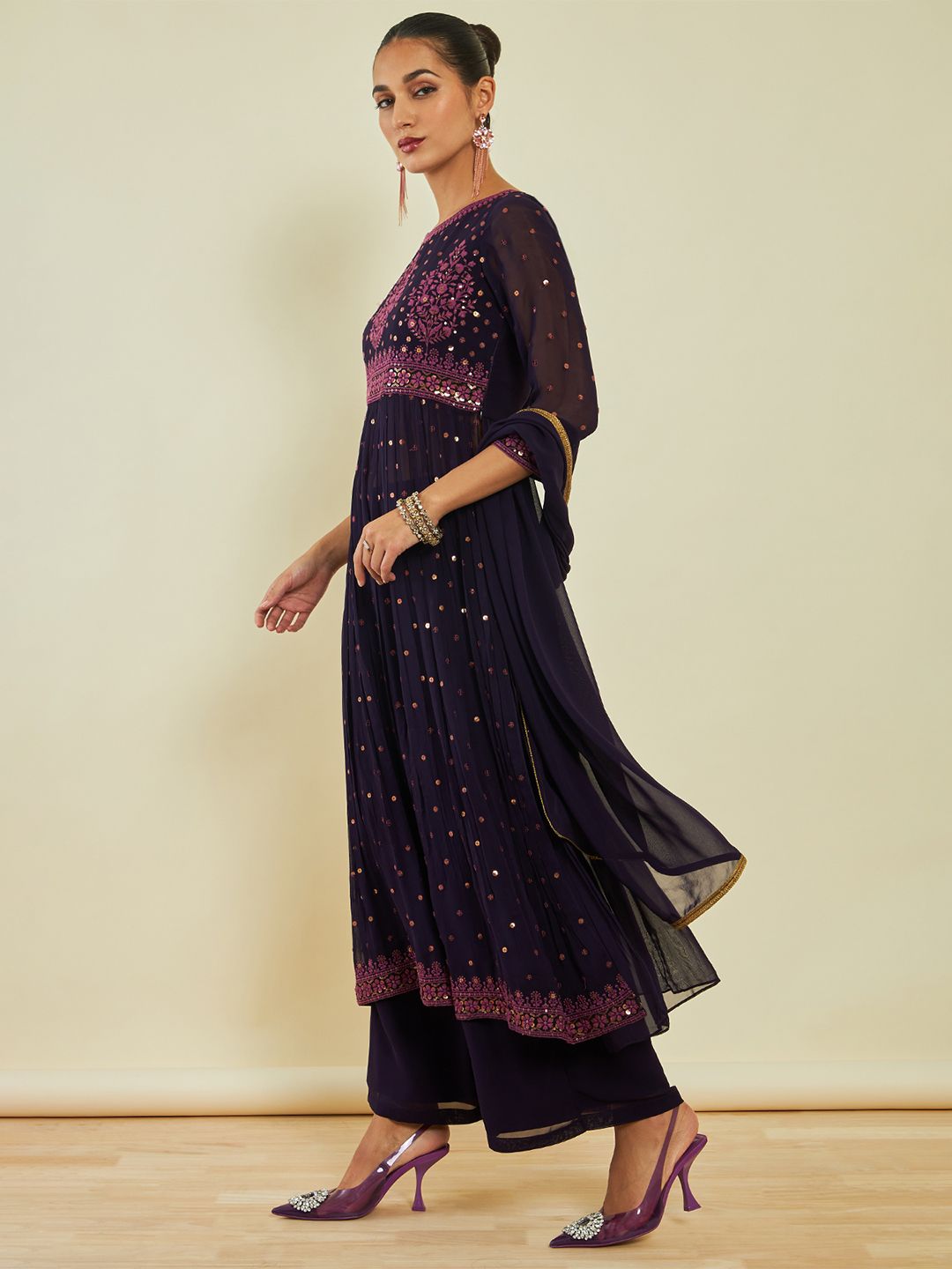 Dhiyona SO Women's Ethnic Motifs Embroidered Sequined Kurta with Palazzos & Dupatta