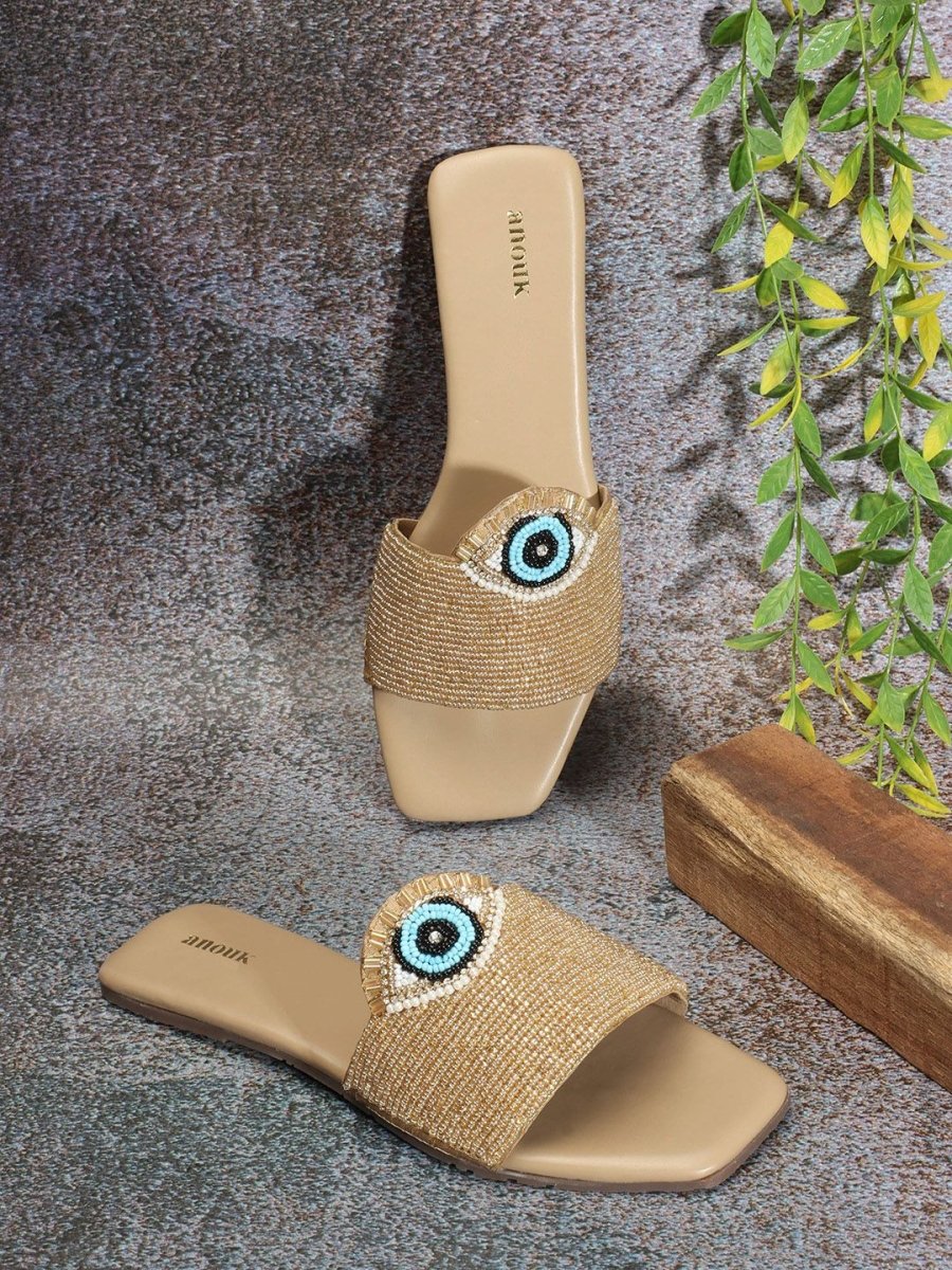 Dhiyona AK Beige Embellished Evil Eye Classic Open Toe Flats