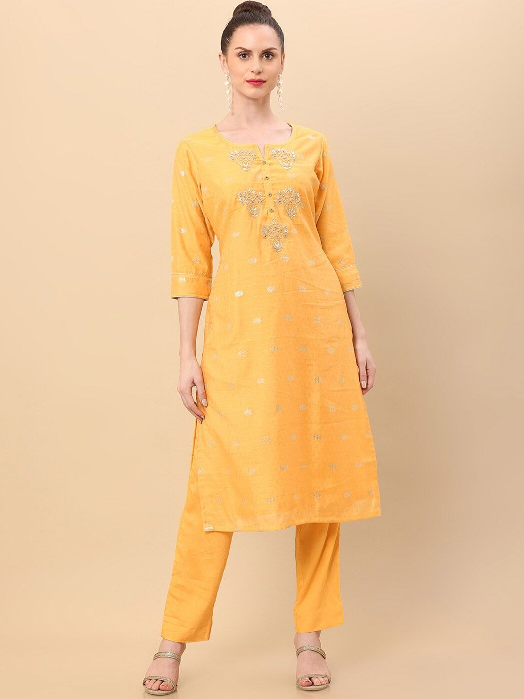 Dhiyona SO Women's Women Yellow Floral Embroidered Thread Work Chanderi Silk Kurta with Trousers