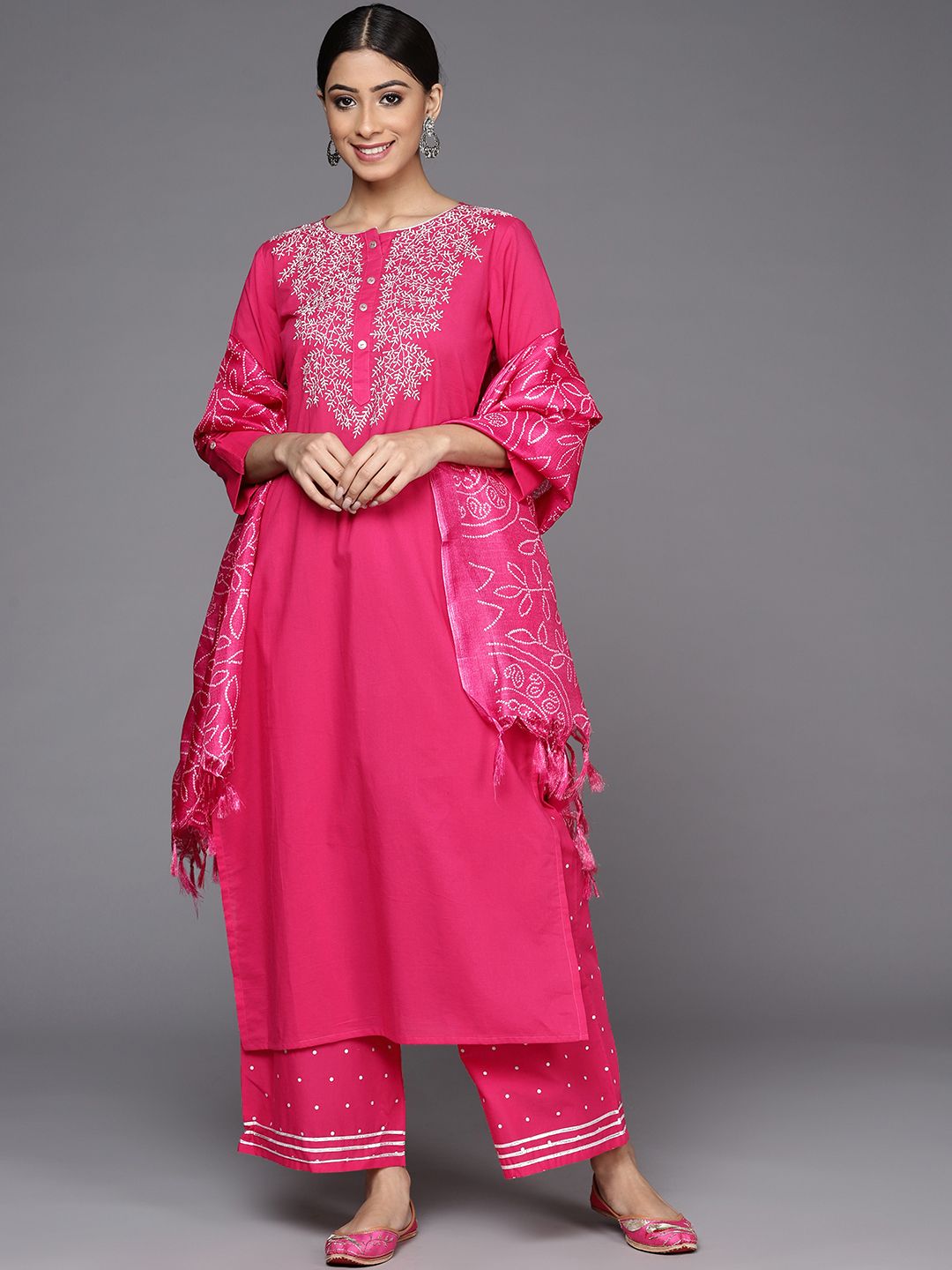 Dhiyona VA Women's Fuchsia Pink Ethnic Motifs Pure Cotton Kurta with Palazzos & With Dupatta