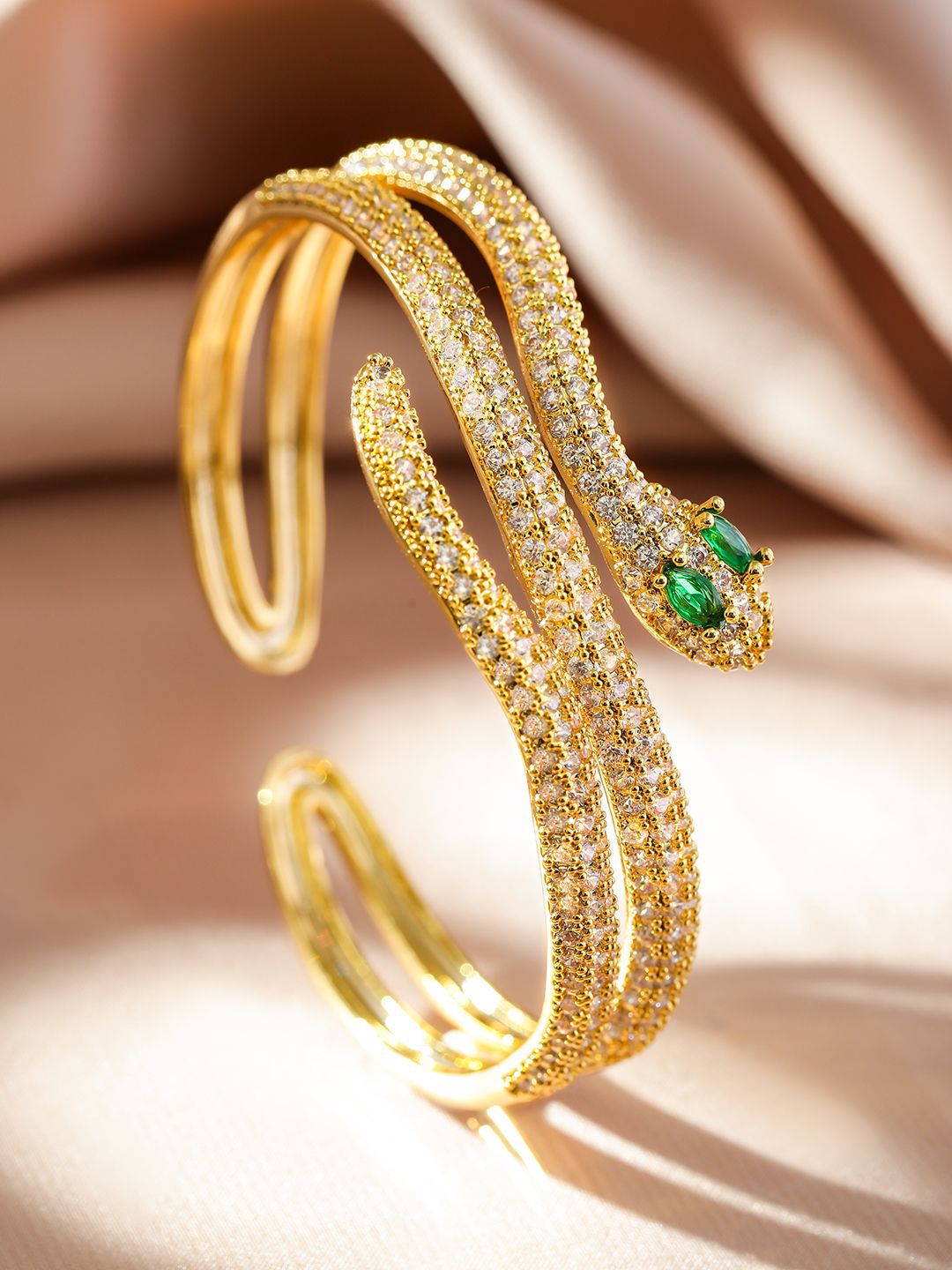 Dhiyona RJ Women's 22K Gold Plated Double Snake Design Emerald and Cubic Zirconia Openable Bracelet