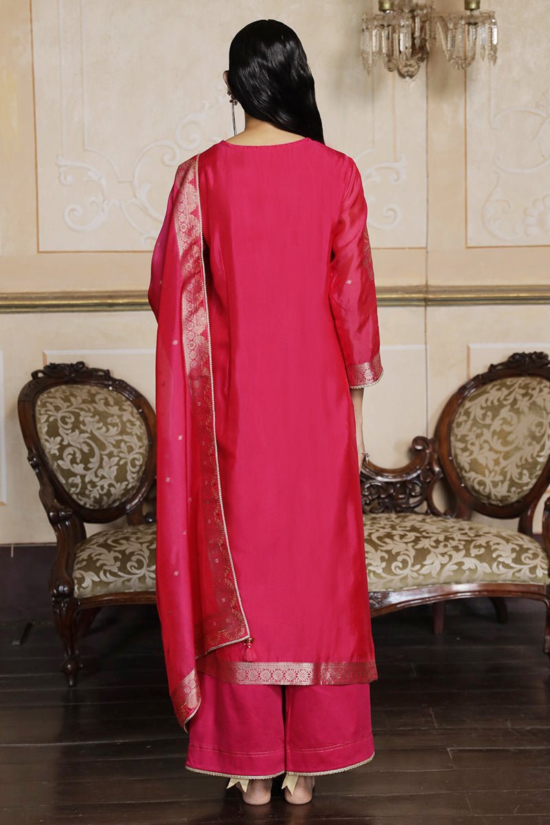 Women's Fuchsia Pink Woven Silk Salwar Suit