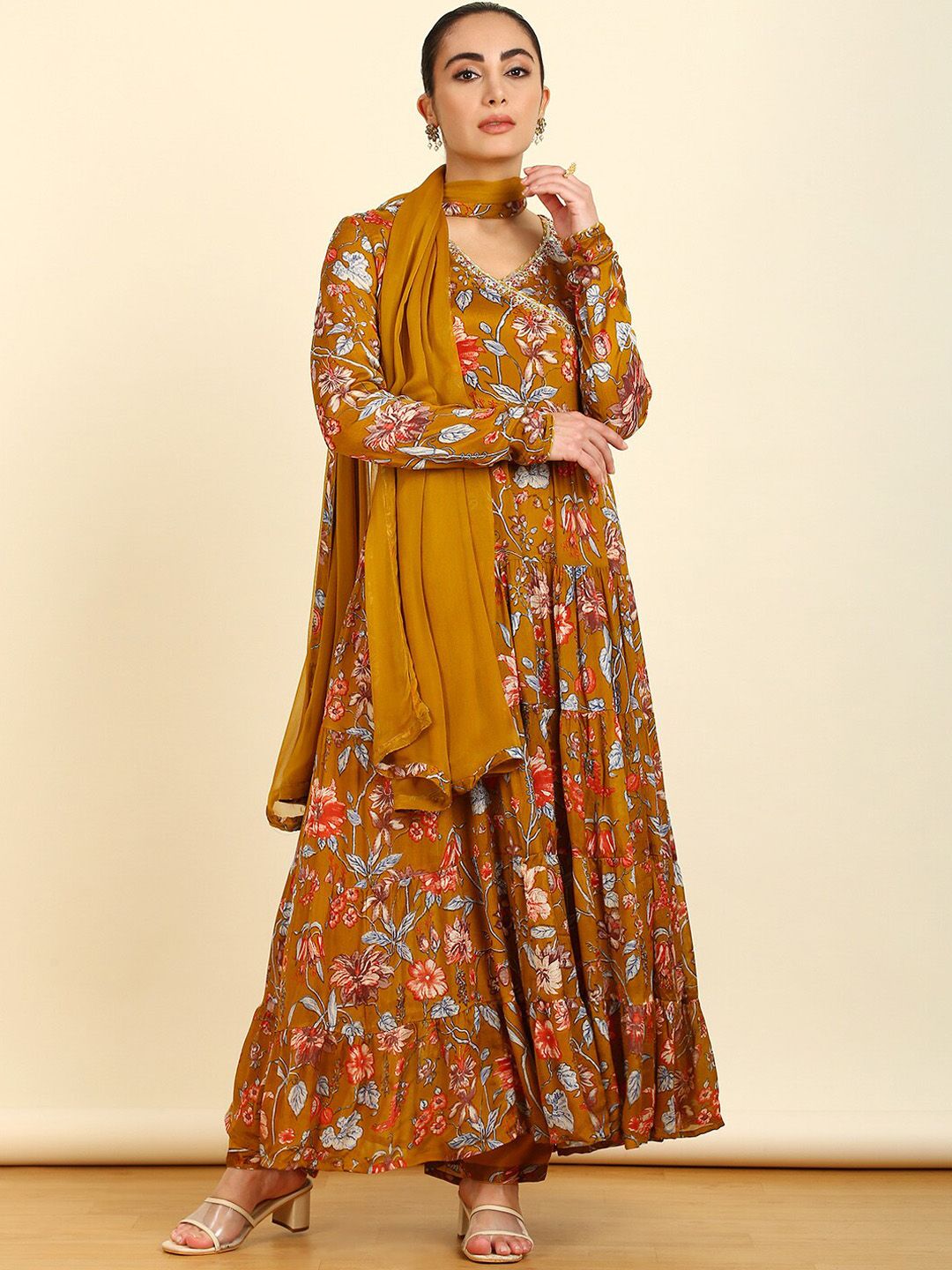 Dhiyona SO Women's Floral Printed Angrakha Mirror Work Anarkali Kurta with Trousers & With Dupatta