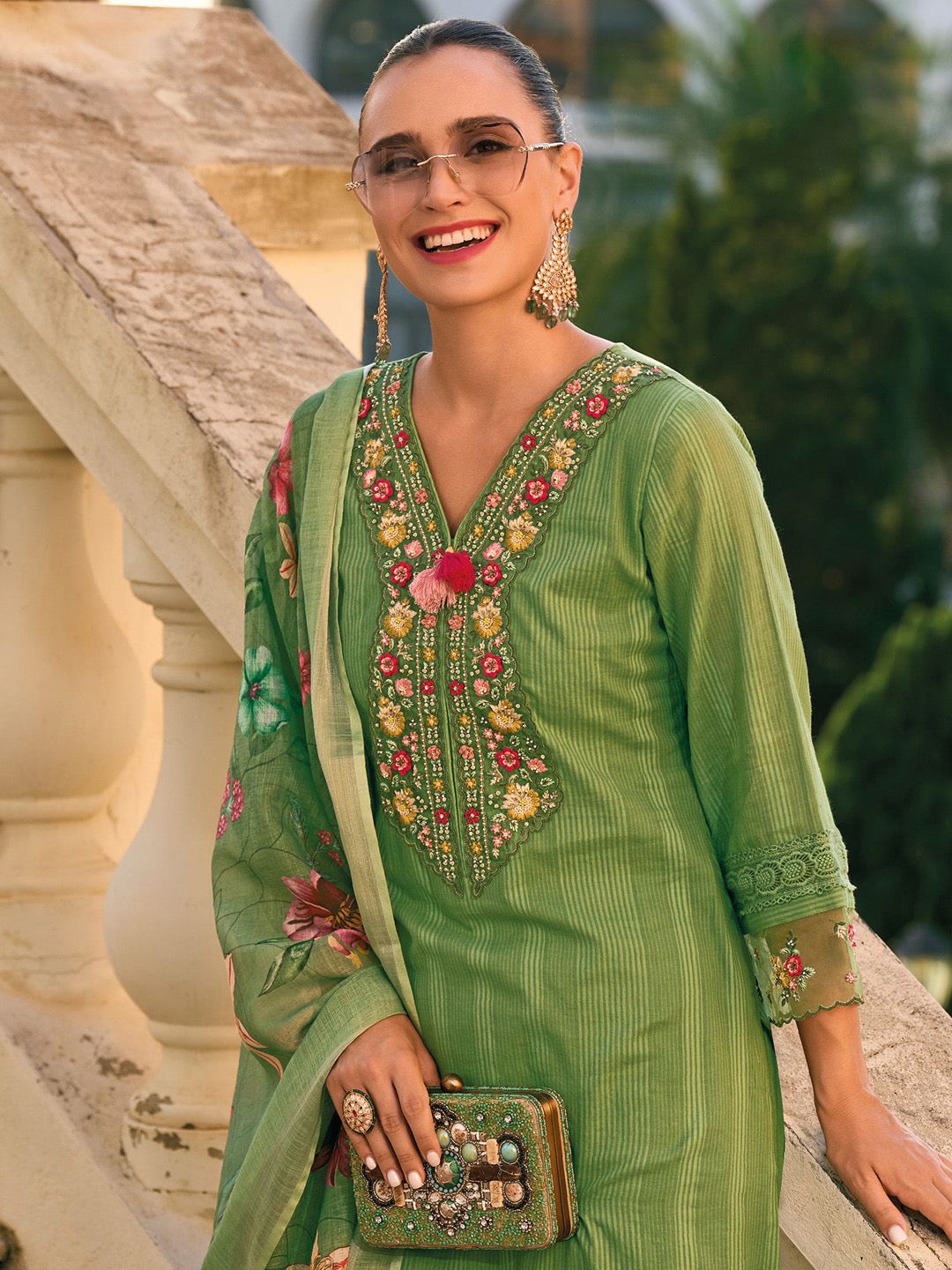 Dhiyona IE Floral Embroidered Thread Work Pure Cotton Kurta with Trousers & Dupatta