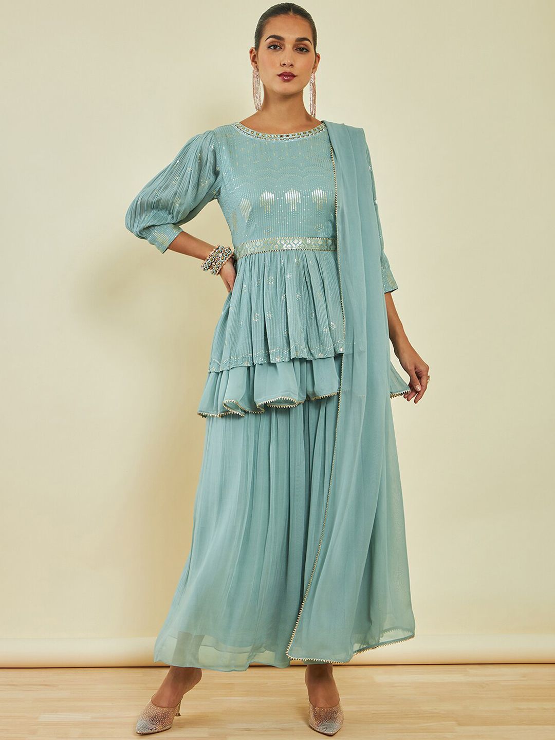 Dhiyona SO Women's Blue Embroidered Puff Sleeve Layered Sequinned Kurti & Palazzos With Dupatta