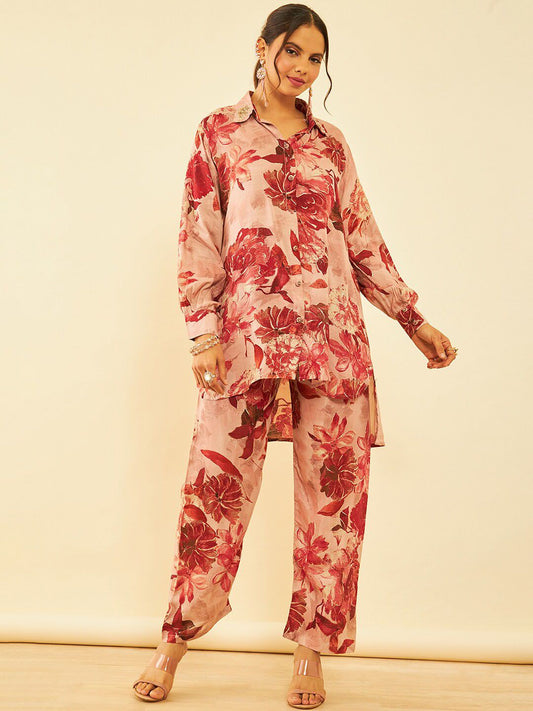 Dhiyona SO Women's Floral Printed Beads and Stones Kurta with Trousers