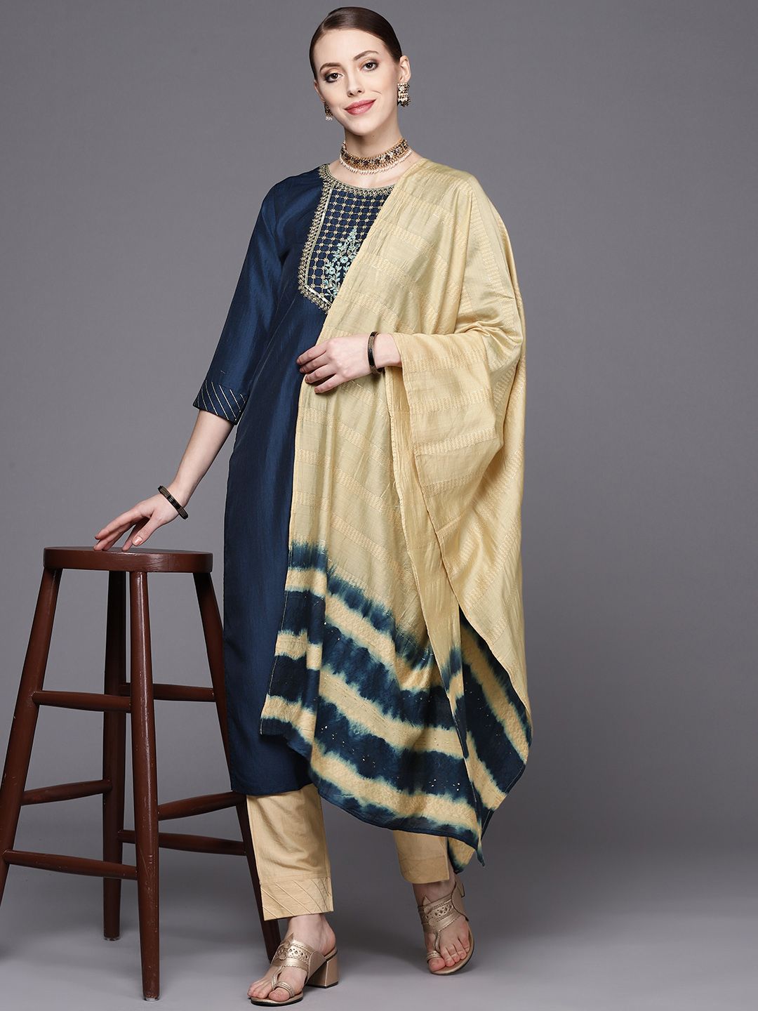 Dhiyona VA Women's Navy Blue Yoke Design Kurta with Trousers & With Dupatta