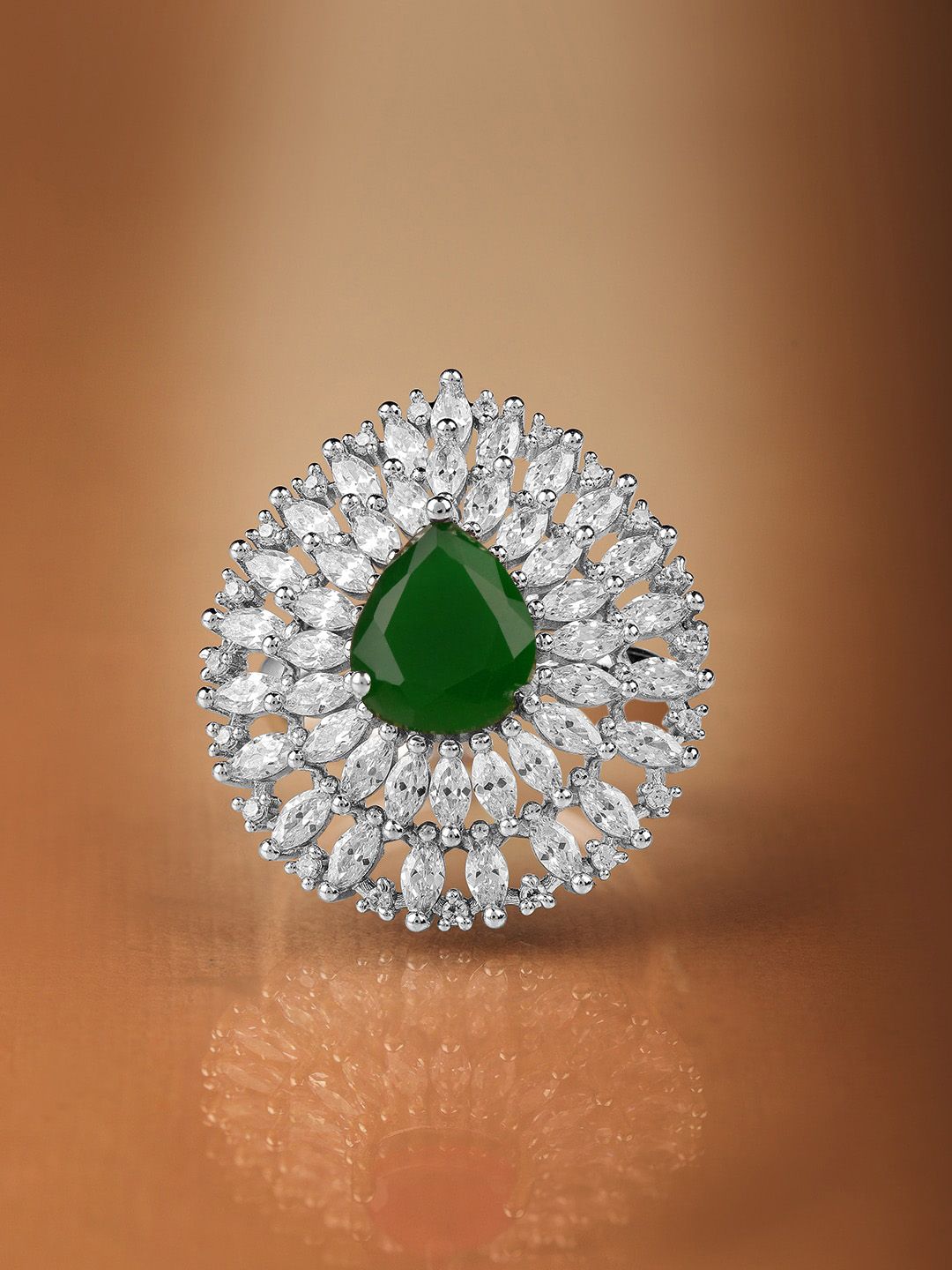 Dhiyona RJ Women's Rhodium Plated High Quality AD & Emerald Stone Studded Finger Ring