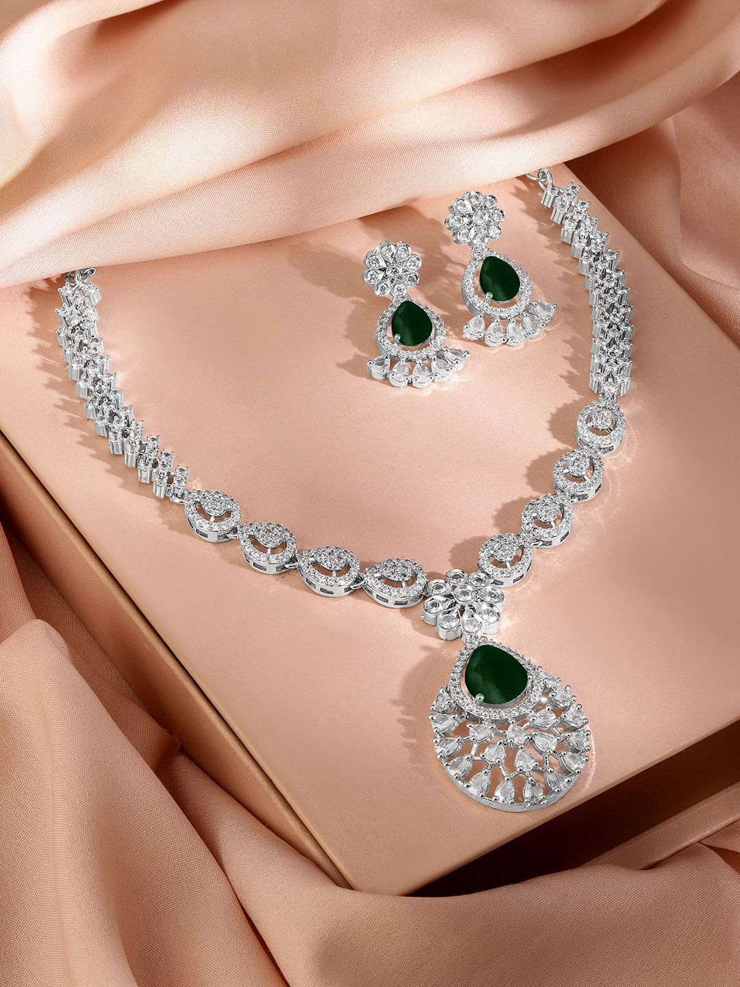 Dhiyona RJ Women's Rhodium-Plated Emerald Green Cubic Zirconia Studded Statement Necklace Set
