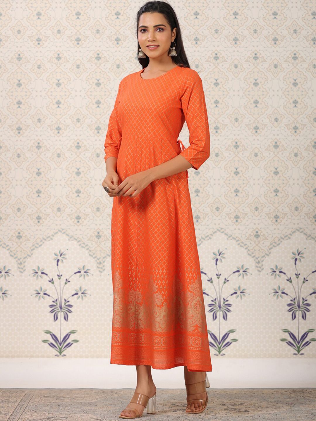 Dhiyona OD Orange Coloured Ethnic Motifs Woven Design Anarkali Kurta