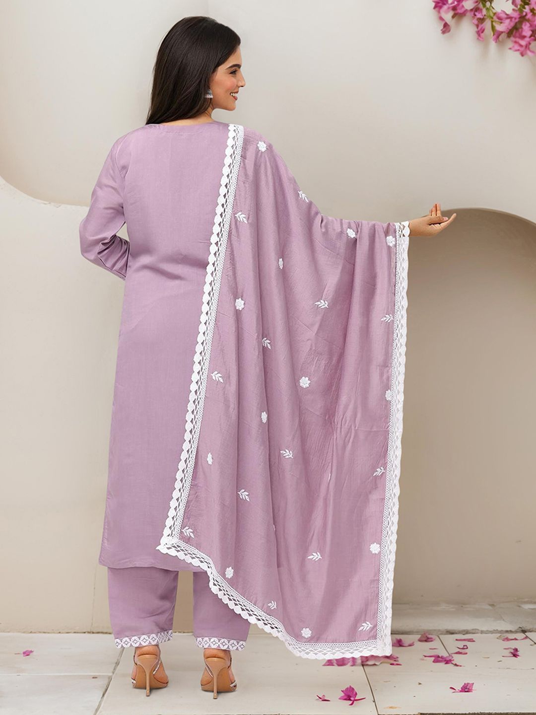 Dhiyona IS Women's Ethic Motifs Embroidered Straight Thread Work Kurta with Trousers & Dupatta