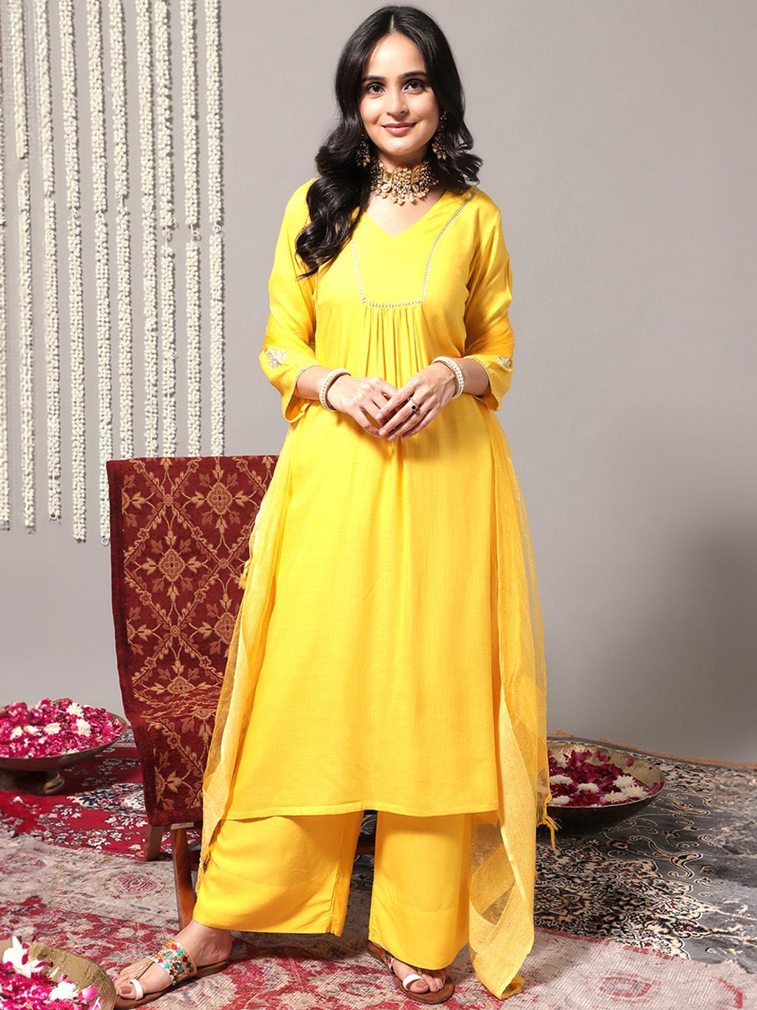 Dhiyona VA Women'sV-Neck A-Line Pleated Kurta with Palazzos & With Dupatta