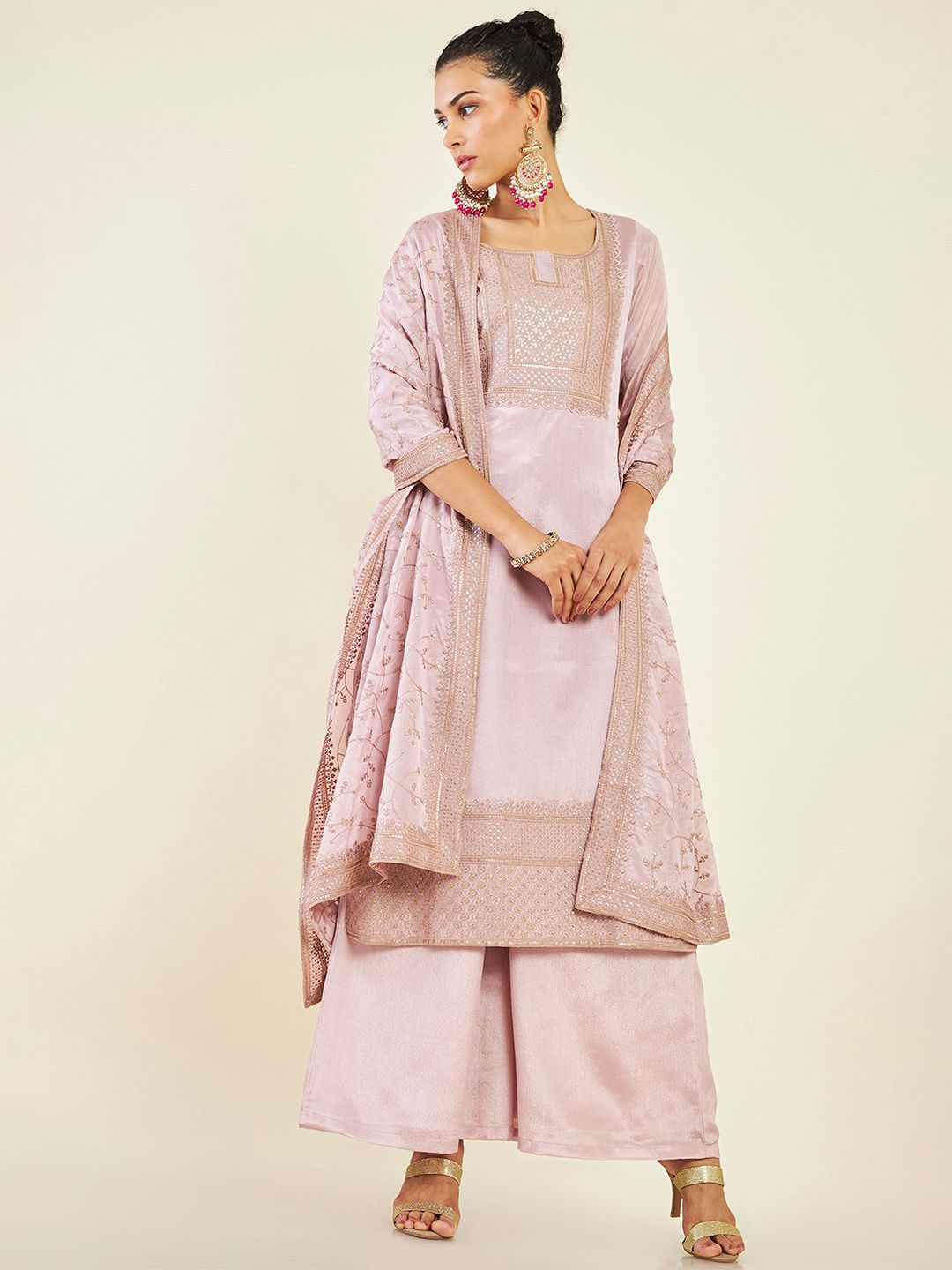 Dhiyona SO Women's Ethnic Motif Embroidered Sequinned Pure Wool Kurta with Palazzos & Dupatta