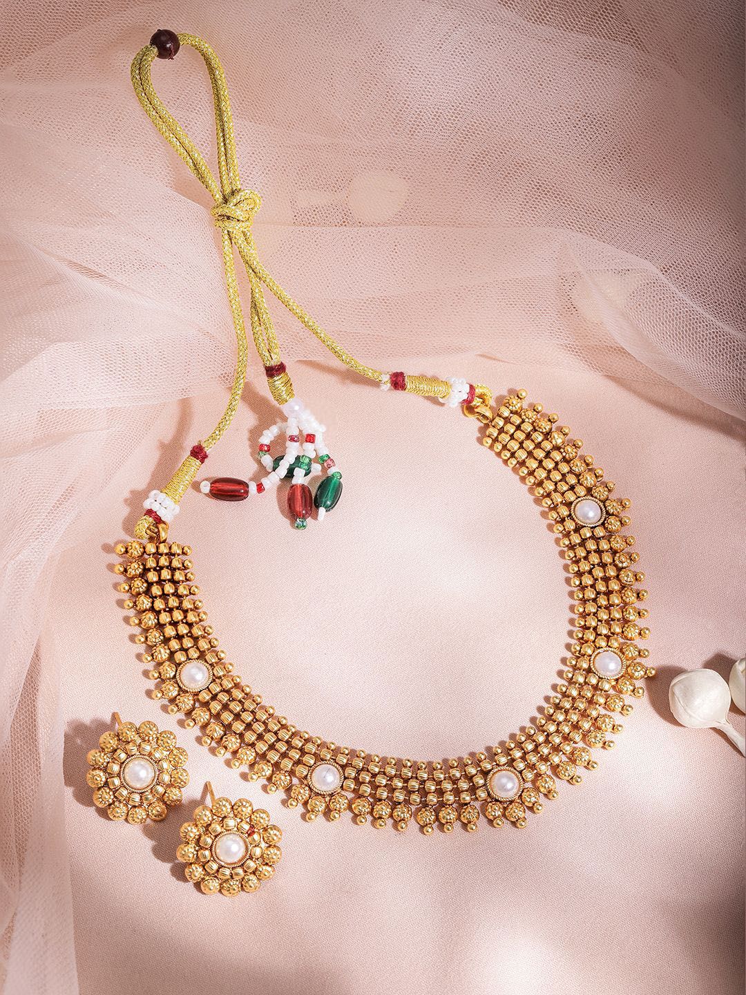 Dhiyona RJ Women's 22K Gold-Plated White Pearl Studded Traditional Choker Necklace Set with Gold Beads