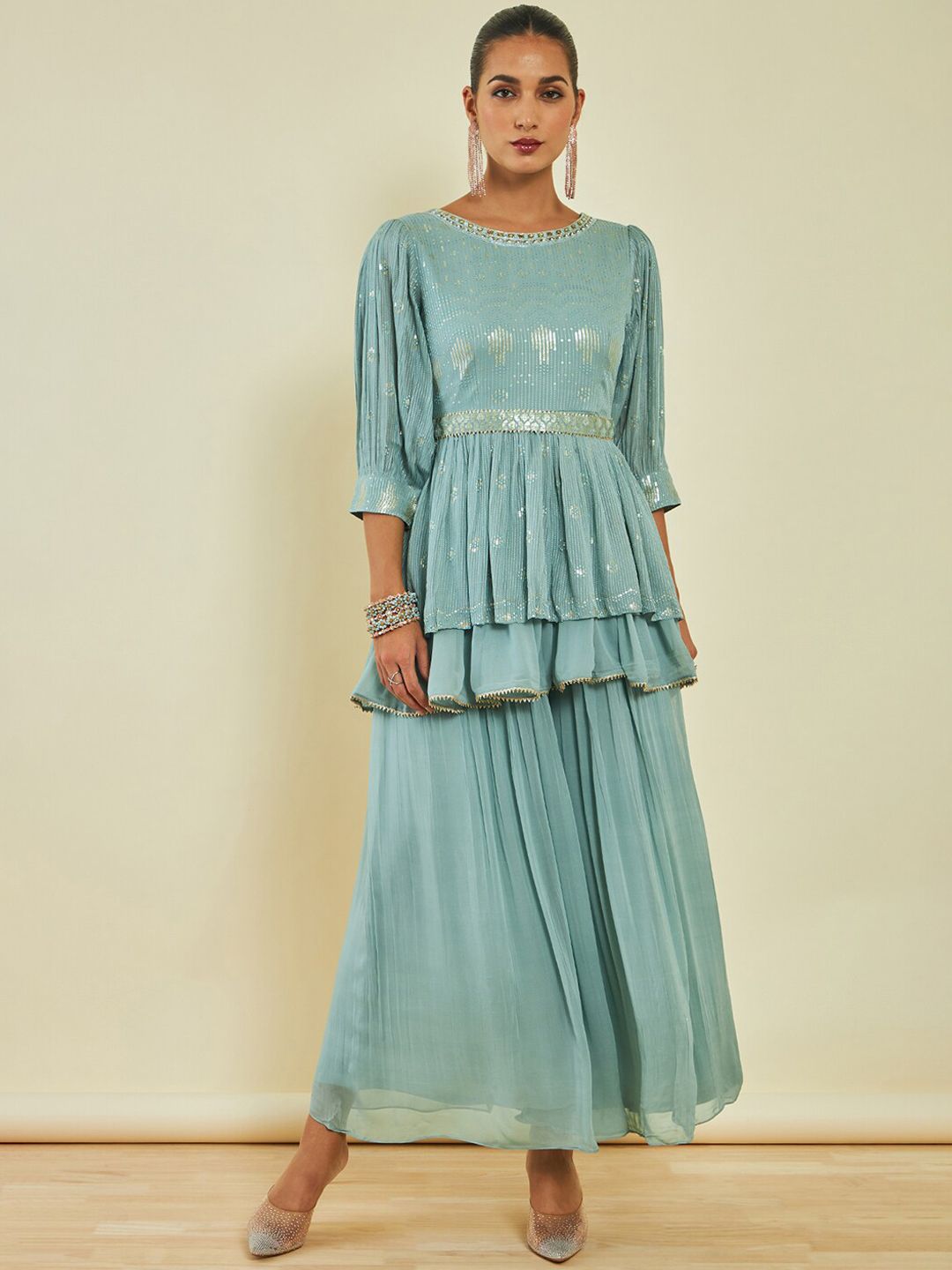 Dhiyona SO Women's Blue Embroidered Puff Sleeve Layered Sequinned Kurti & Palazzos With Dupatta