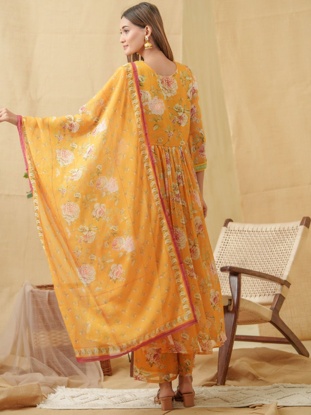 Dhiyona IS Women's V-Neck Floral Printed Angrakha Kurta with Palazzos & Dupatta
