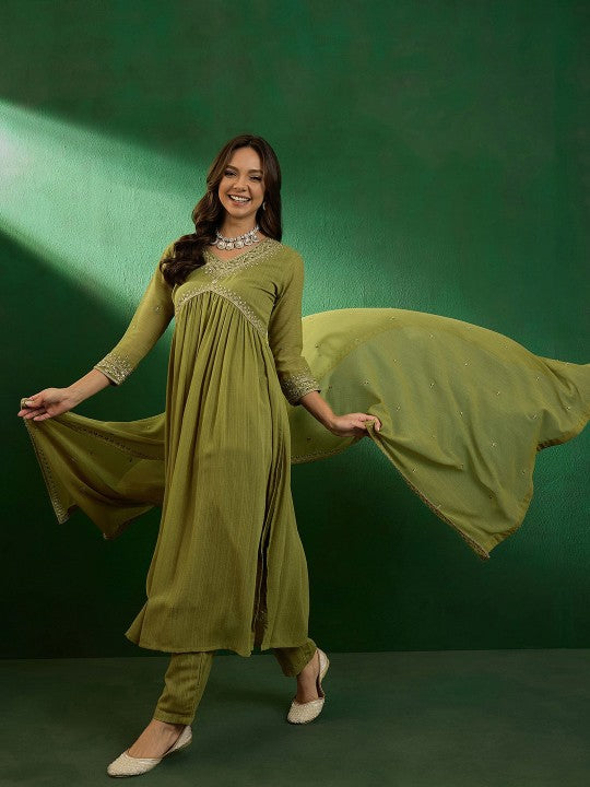 Women's Embroidered V-Neck Kurta With Trousers & Dupatta