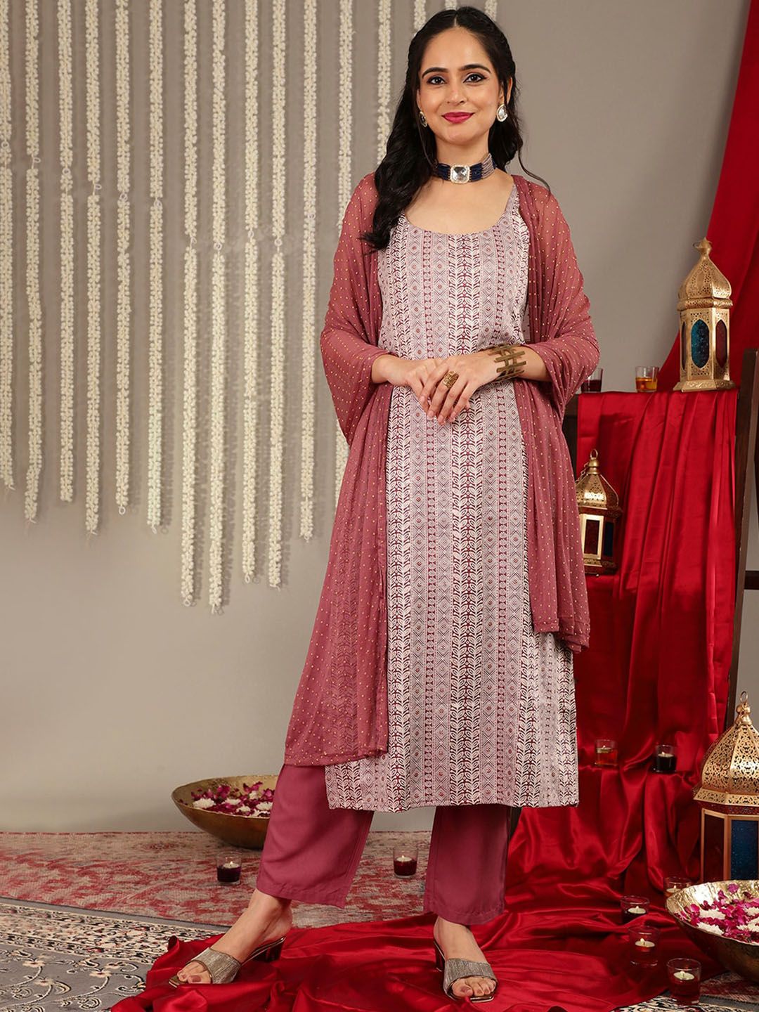 Dhiyona VA Women's Shoulder Straps Woven Printed Straight Kurta & Trouser With Dupatta