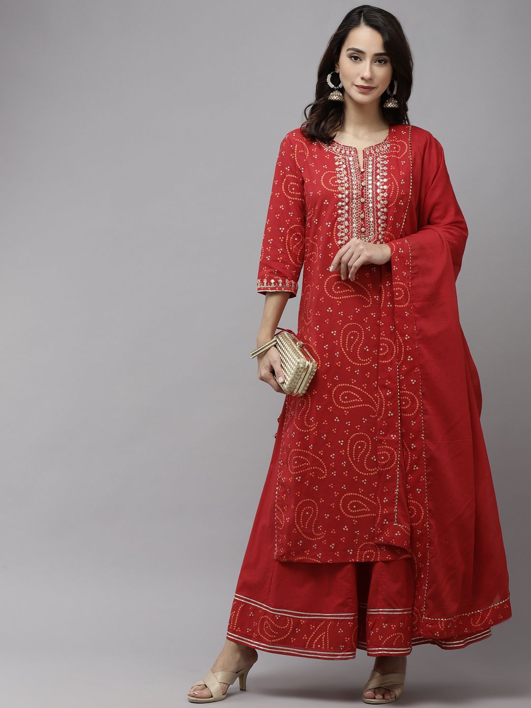 Dhiyona IS Women's Women Red Bandhani Embroidered Regular Aari Work Pure Cotton Kurta with Sharara & With Dupatta