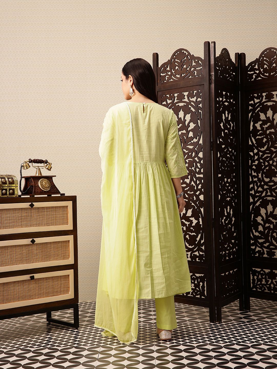 Dhiyona PD Women Floral Embroidered Pure Cotton Jashn A-Line Kurta with Trousers & Dupatta