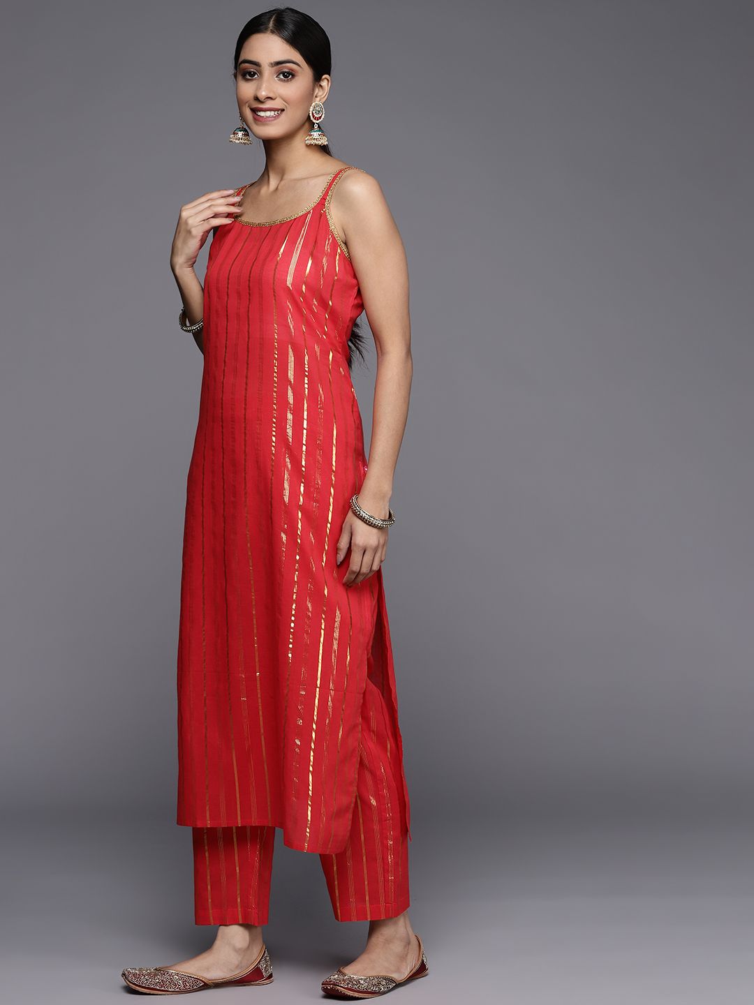 Dhiyona VA Women's Red Gotta Patti Pure Cotton Kurta with Trousers & Dupatta